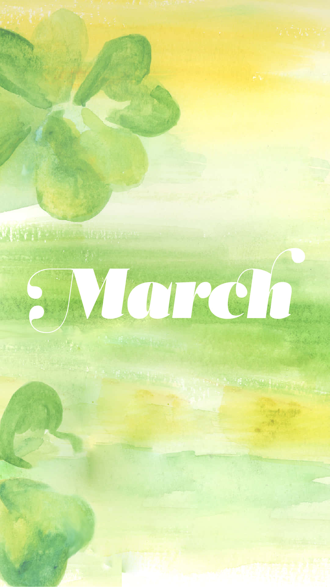 March 桌布 壁紙 — 柔和綠色和黃色的水彩洗滌，帶有三葉草葉片和優雅白色字體的March字樣。