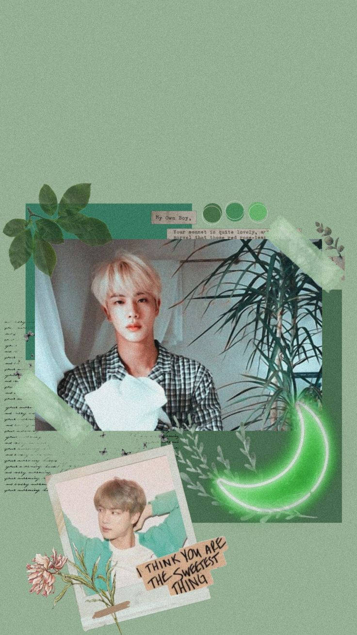 Bts Aesthetic 桌布 壁紙 — 柔和綠色拼貼壁紙，特點是身穿格紋襯衫的年輕男子被植物和手寫筆記環繞。
