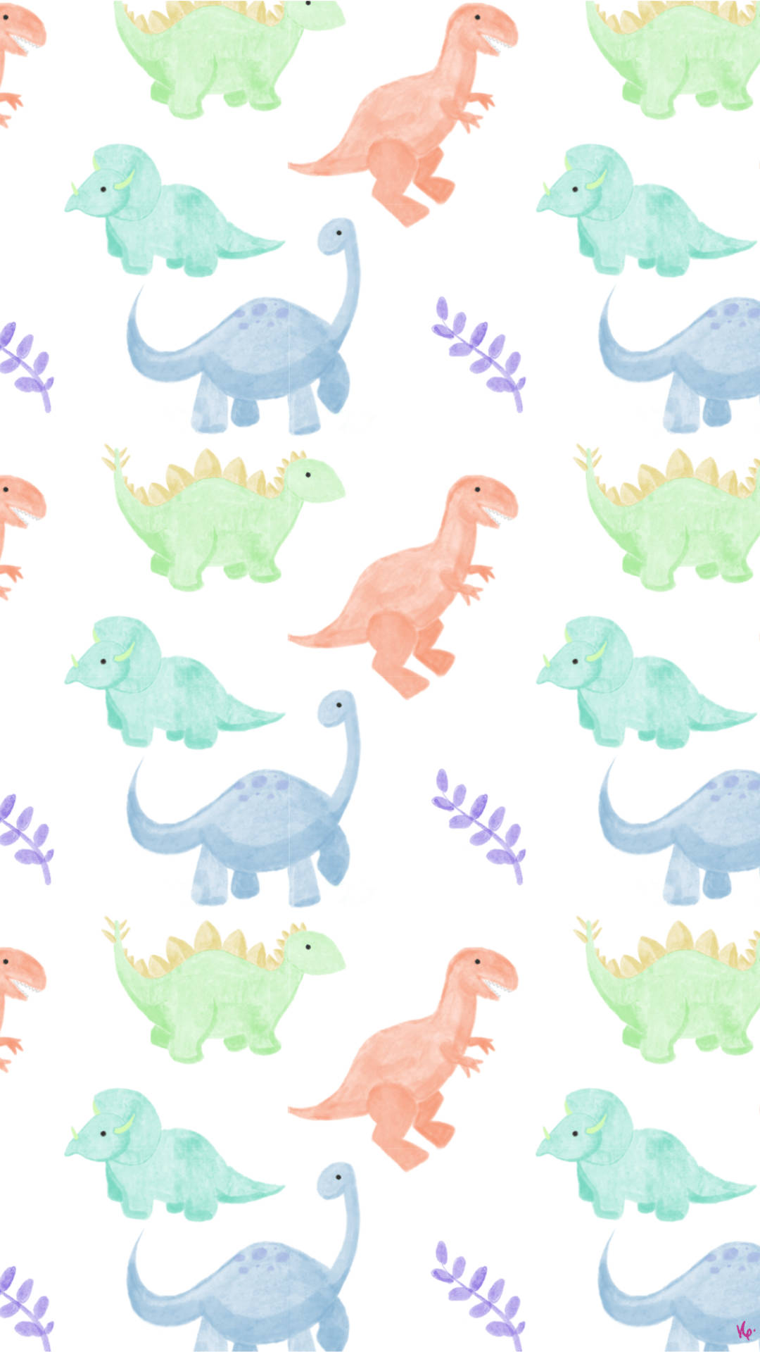Cute Dinosaur 桌布 壁紙 — 柔和色調水彩恐龍和紫色葉子在白色背景上以俏皮圖案重複。