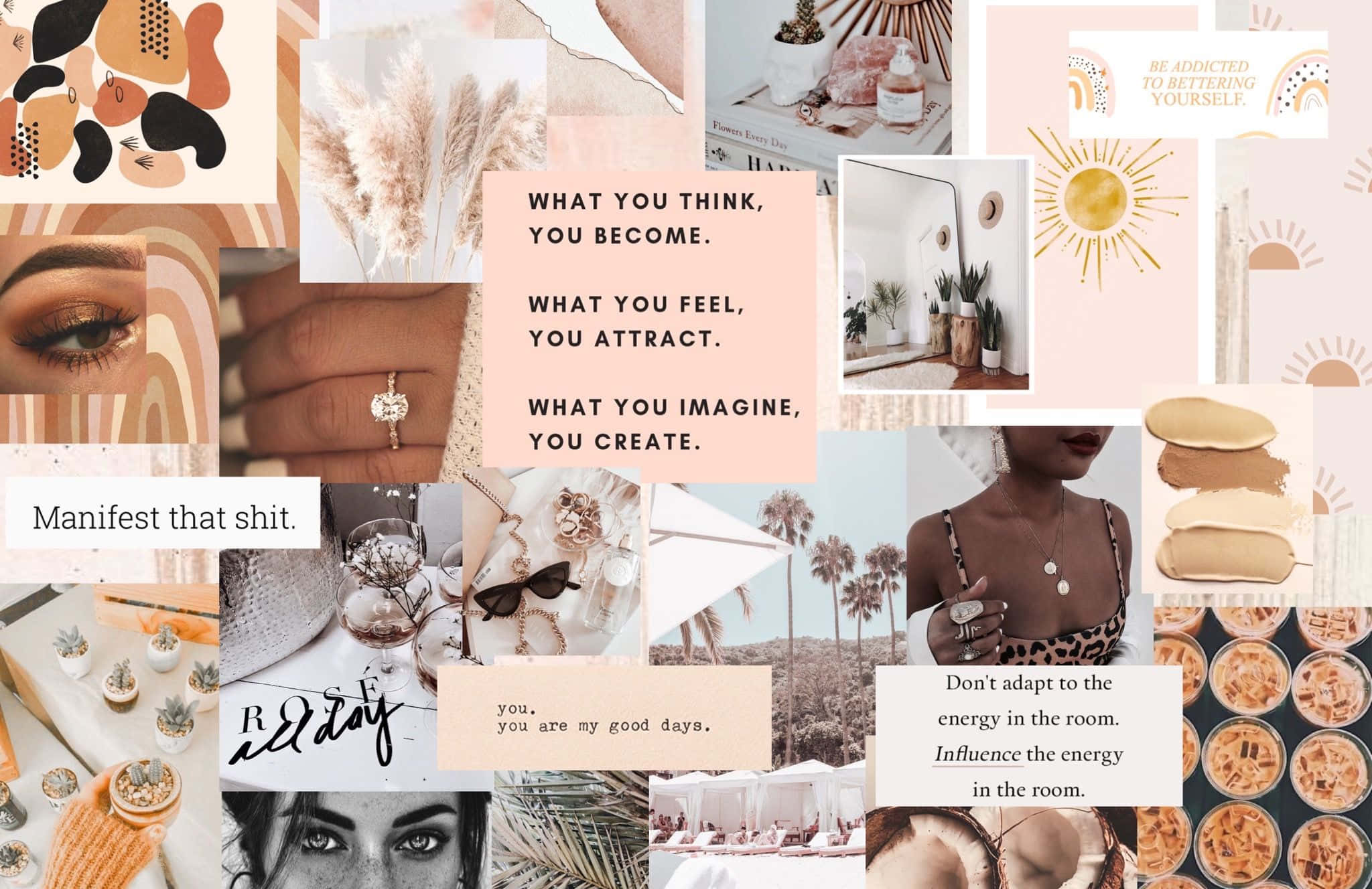 Aesthetic Moodboard 桌布 壁紙 — 柔和色調生活風格圖像的審美拼貼，包含肯定語和勵志名言。