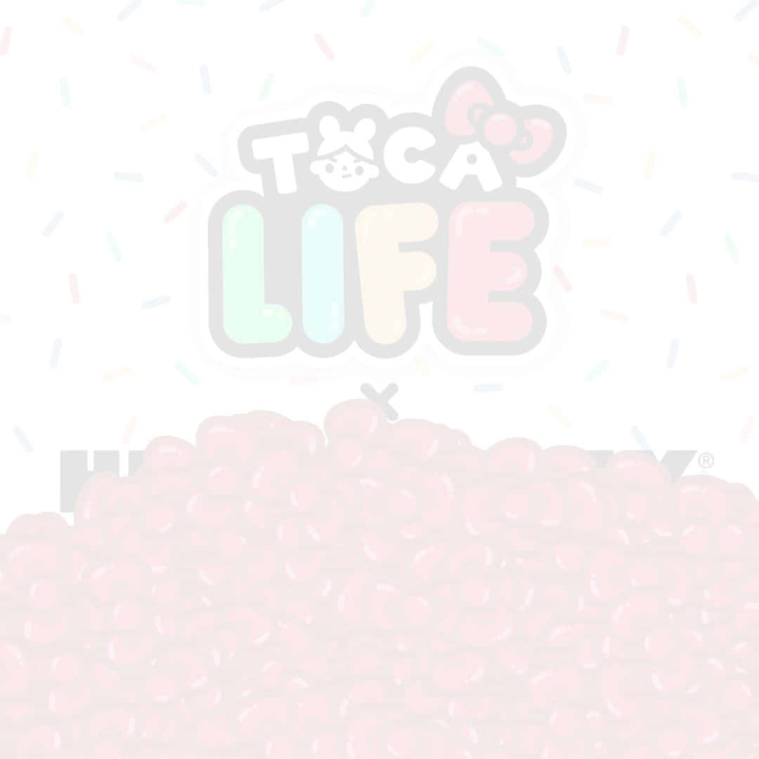托卡生活 桌布 壁紙 — 柔和色調的Toca Life標誌，淺色背景上有粉紅色泡泡糖堆和五彩紙屑。