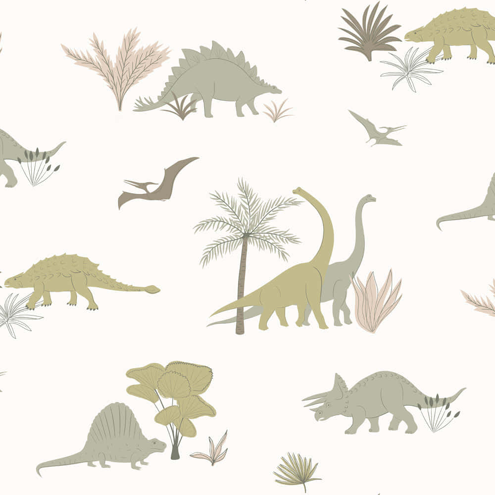 Dino 桌布 壁紙 — 柔和色調的壁紙圖案，在奶油色背景上呈現風格化的恐龍和史前植物。