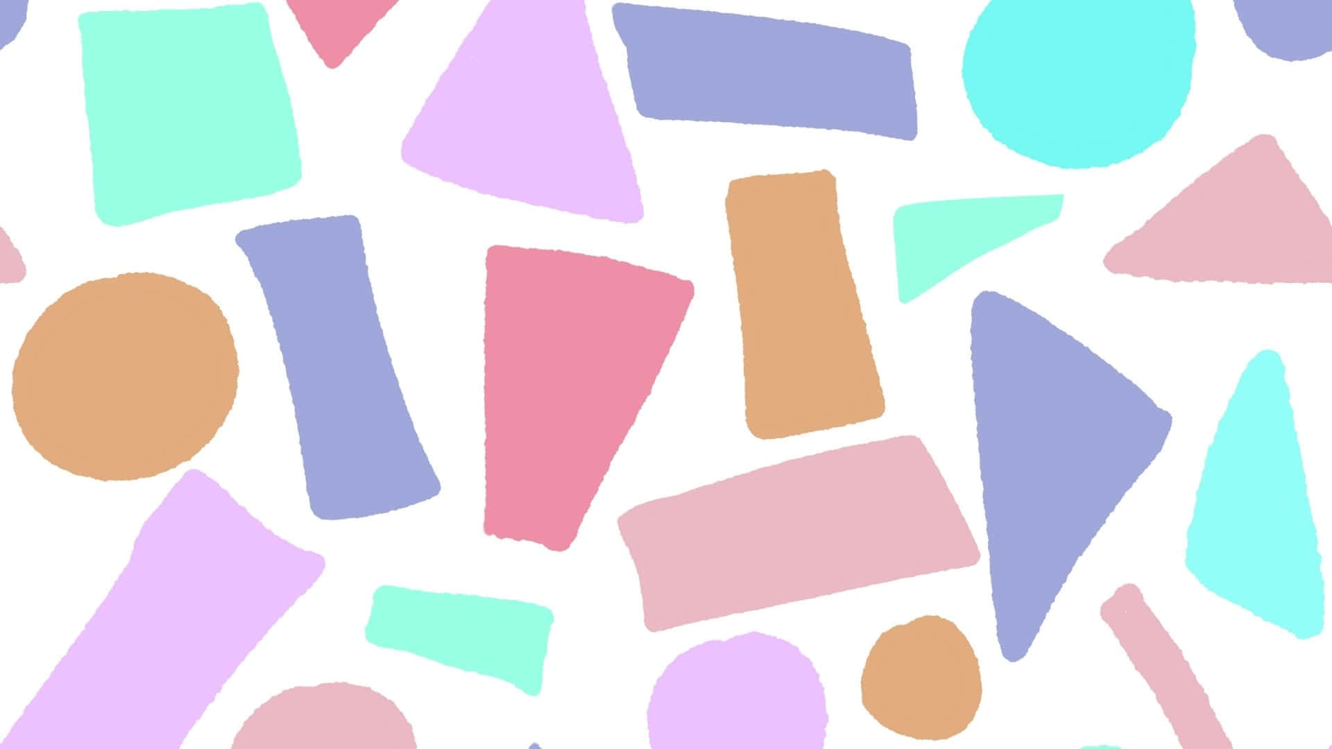 Colorful Aesthetic 桌布 壁紙 — 柔和色調的幾何形狀在潔白背景上漂浮，形成俏皮的抽象圖案。