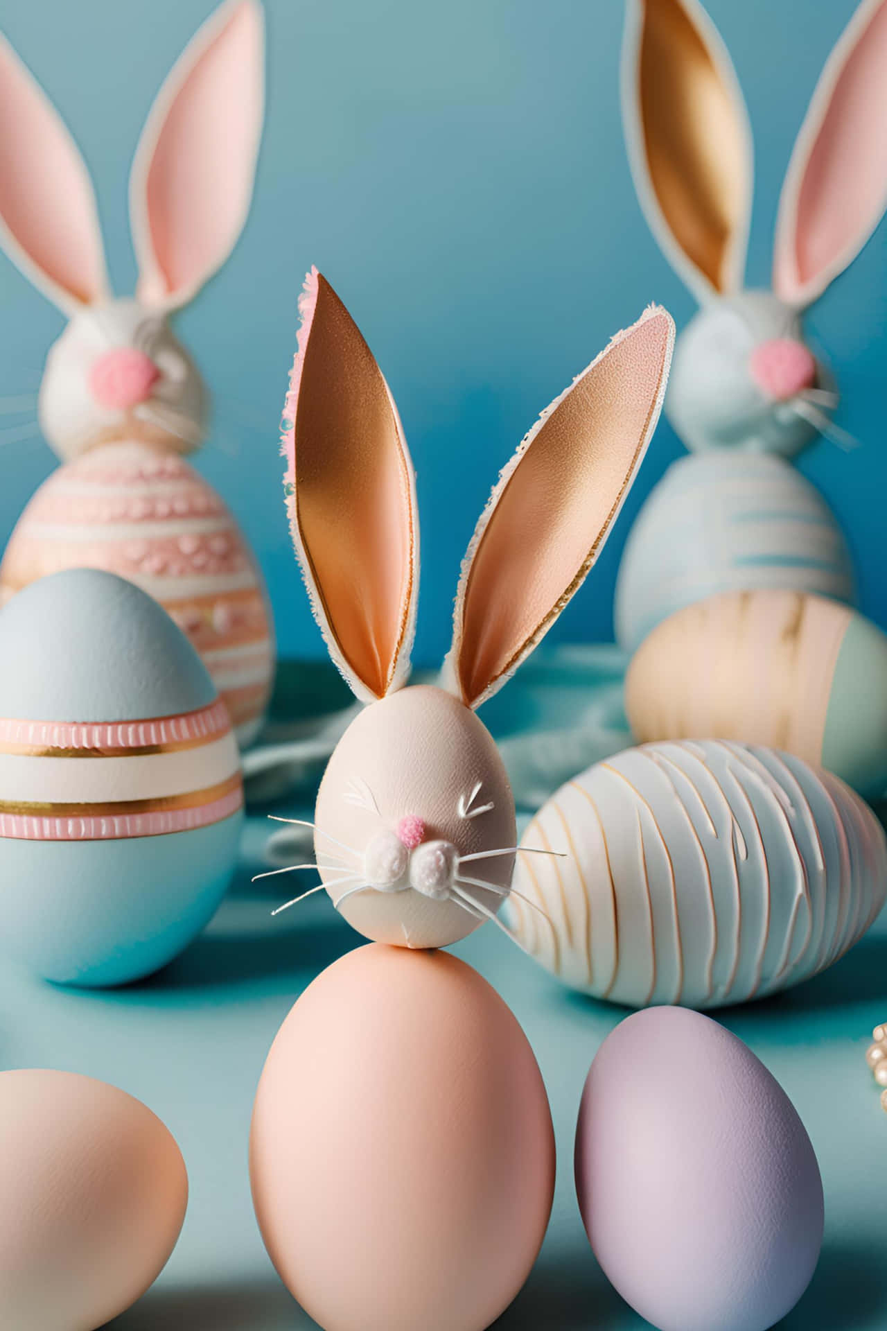 Vertical arrangement of pastel-colored Easter eggs and cute bunny ears on a soft blue background. 壁紙 — 柔和色調的復活節兔頭和裝飾蛋，排列在柔軟的藍色表面上，光線柔和。