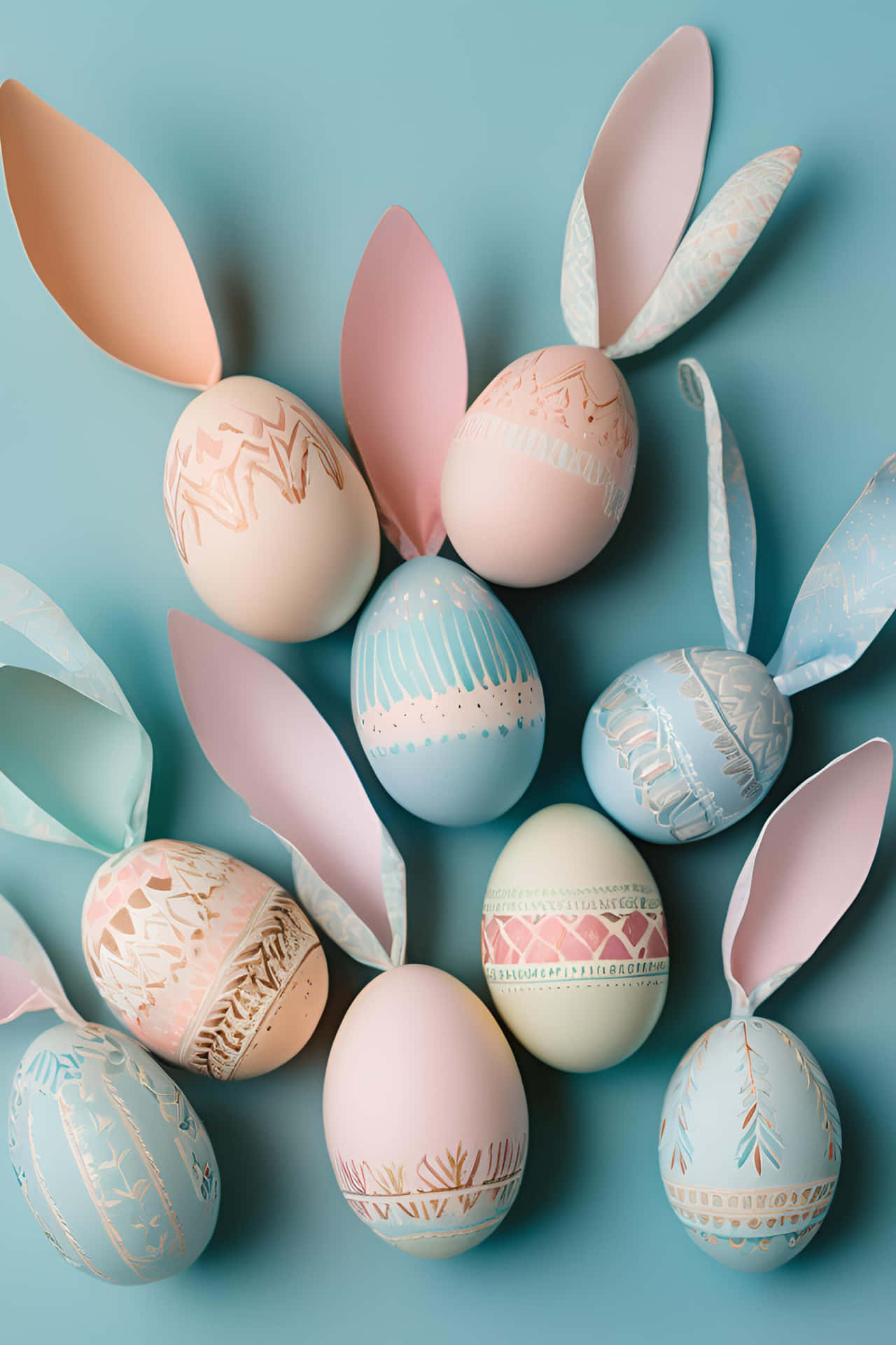 Vertical arrangement of pastel-colored Easter eggs and cute bunny ears on a soft blue background. 壁紙 — 柔和色調的復活節彩蛋，帶有紙製兔耳和複雜的幾何圖案，放置在柔和的藍色背景上。