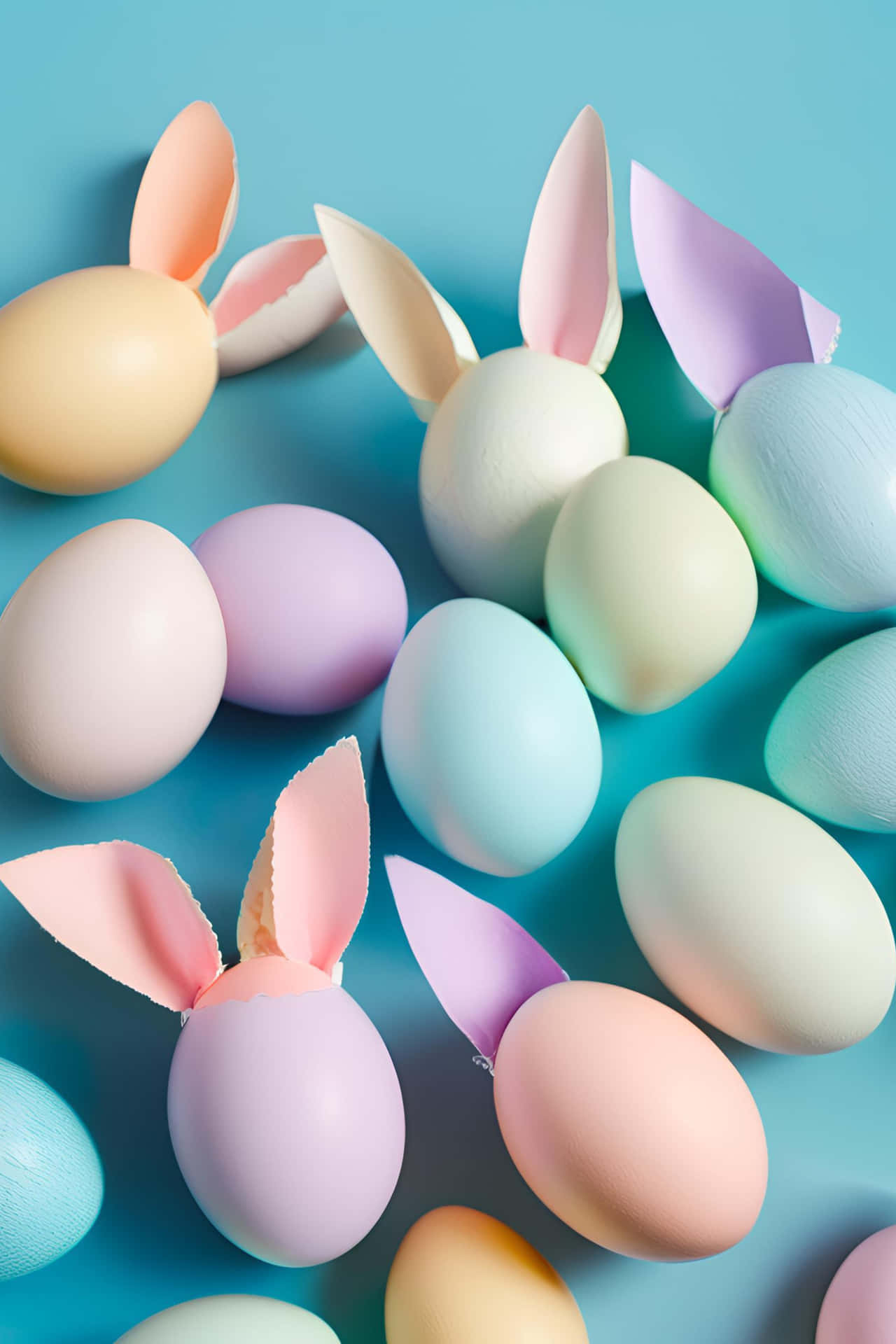 Vertical arrangement of pastel-colored Easter eggs and cute bunny ears on a soft blue background. 壁紙 — 柔和色調的復活節彩蛋帶有兔耳，散落在充滿活力的藍色背景上。
