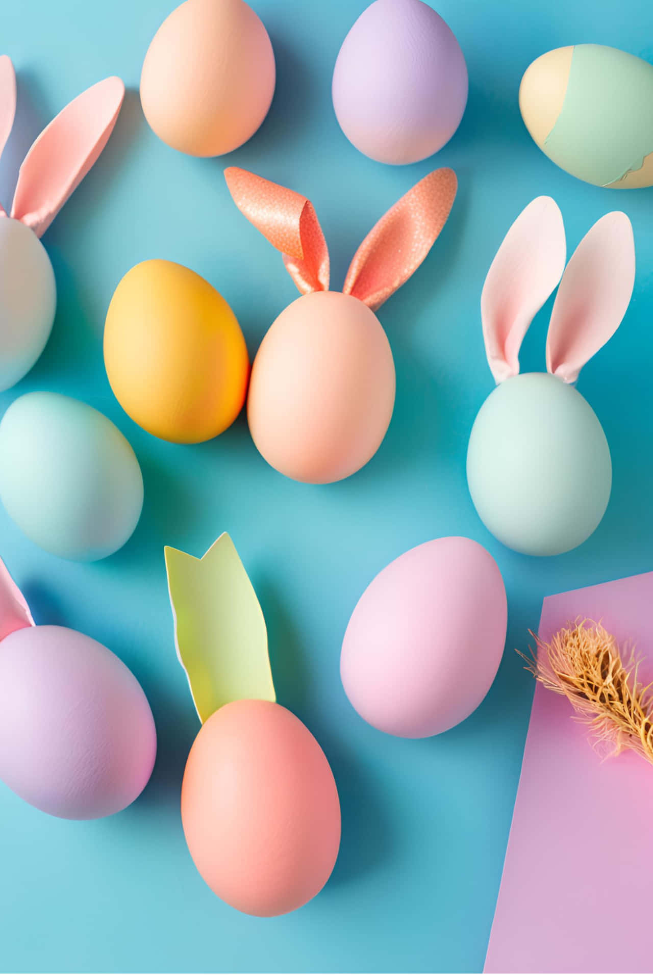 Vertical arrangement of pastel-colored Easter eggs and cute bunny ears on a soft blue background. 壁紙 — 柔和色調的復活節彩蛋配上兔耳和小麥穗，排列在鮮豔的藍色背景上。