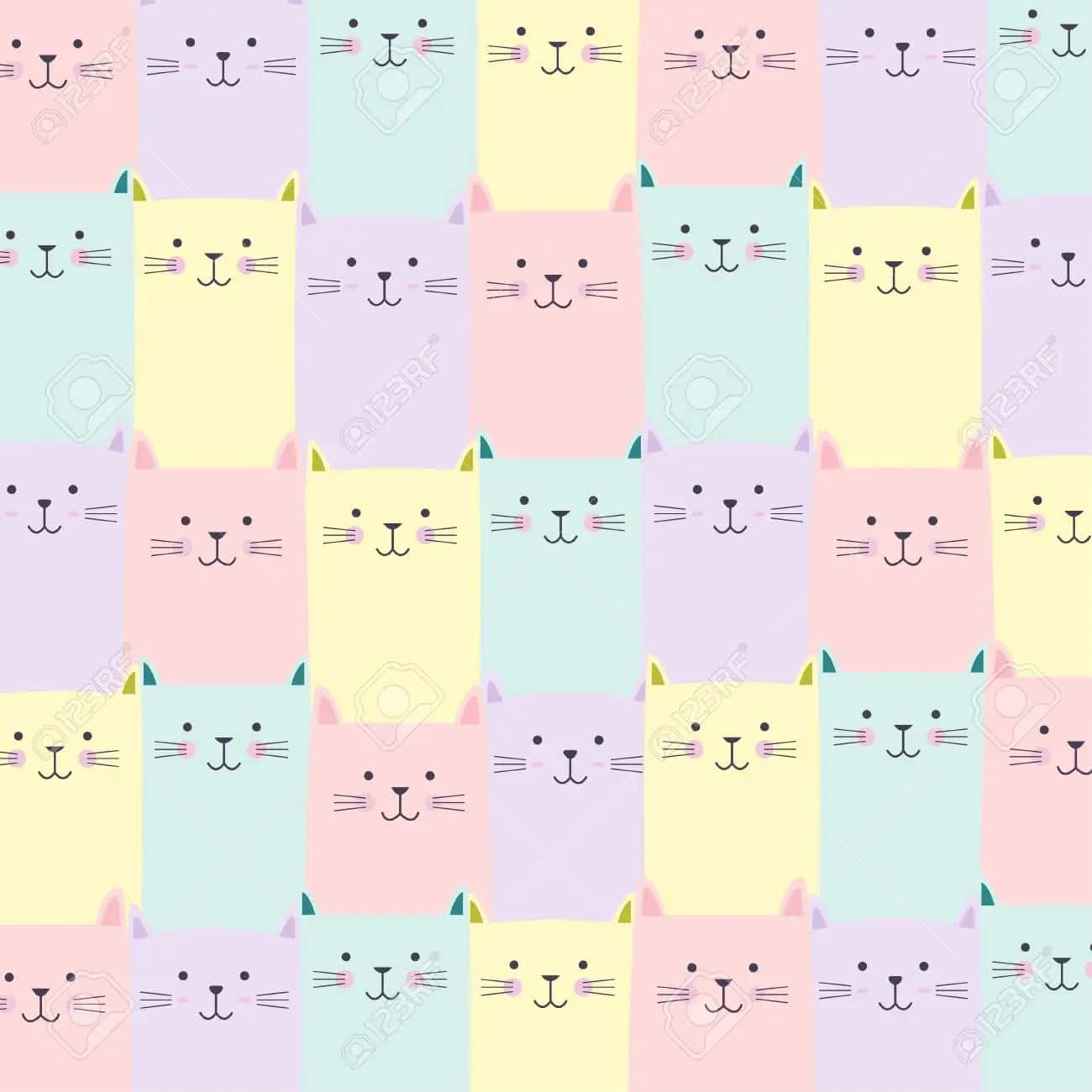 Cute Cat Pattern 桌布 壁紙 — 柔和色調的方形上，有可愛卡通貓臉，帶有鬍鬚和粉紅色的臉頰，形成重複圖案。