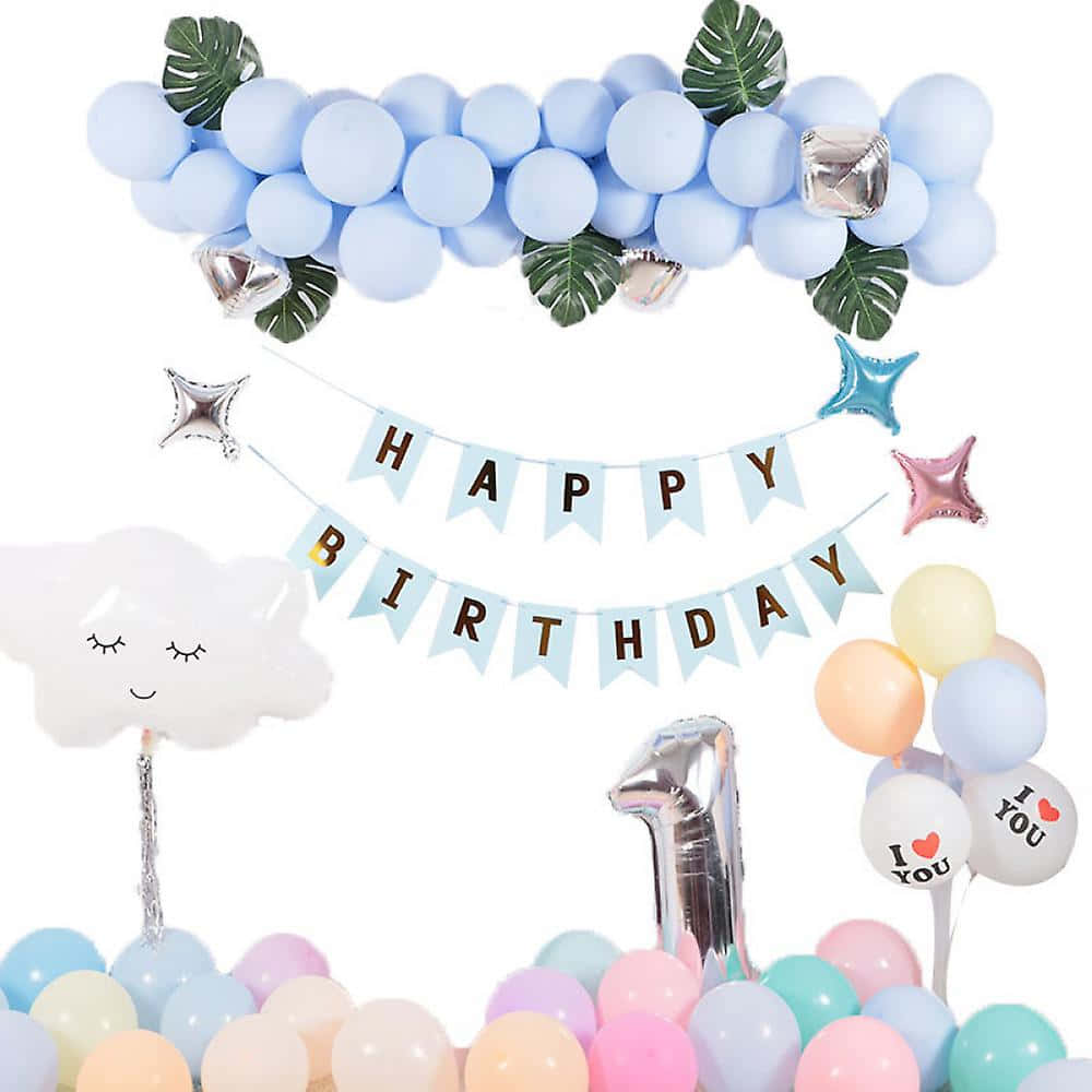Blue Birthday 桌布 壁紙 — 柔和色調的氣球和龜背竹葉點綴著歡樂的生日場景，配有微笑的雲朵和「Happy Birthday」橫幅。