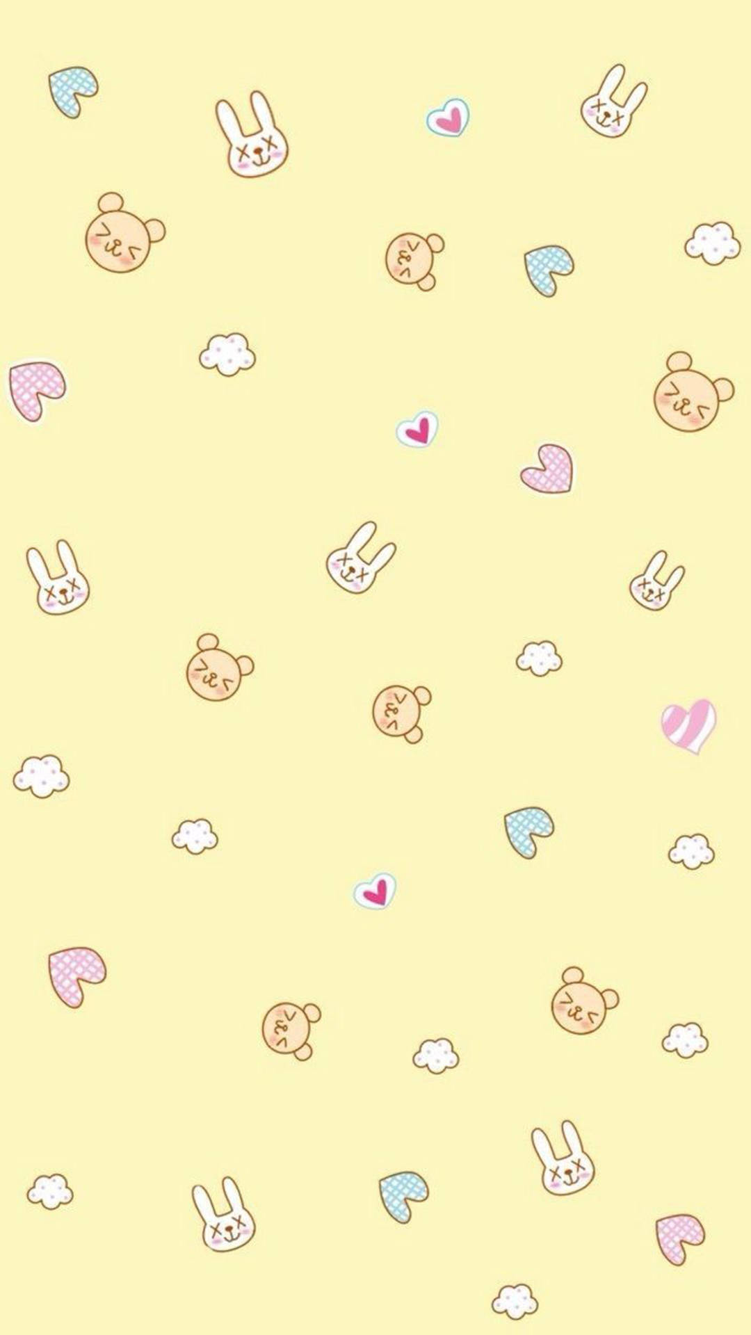 Pastel Yellow Aesthetic 桌布 壁紙 — 柔和色調的粉黃色壁紙，散落著可愛的卡通兔子、愛心和雲朵。