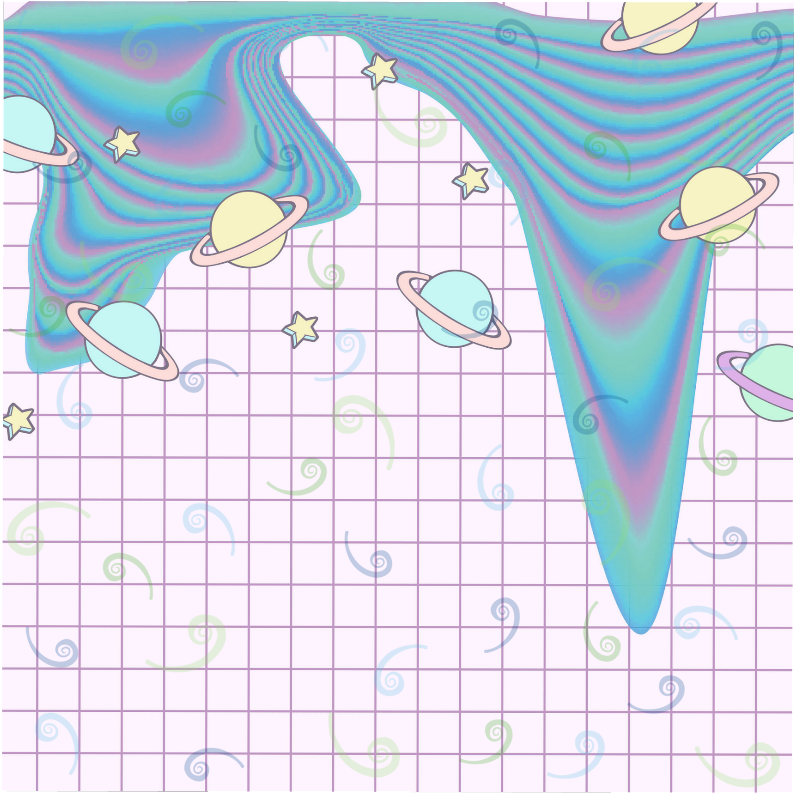 Background For Picsart 桌布 壁紙 — 柔和色調的行星和星星在帶有螺旋裝飾的網格背景上漂浮於旋轉的宇宙絲帶之間。