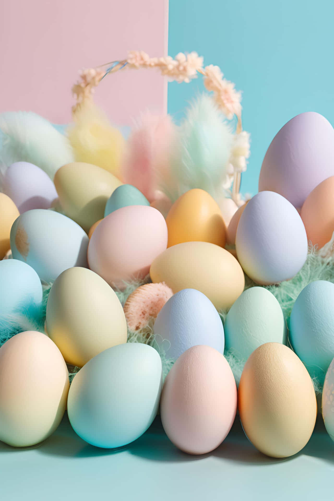 Vertical arrangement of pastel-colored Easter eggs and cute bunny ears on a soft blue background. 壁紙 — 柔和色調的雞蛋藏在花卉籃子裡的柔軟羽毛中，背景為粉紅色和藍色。