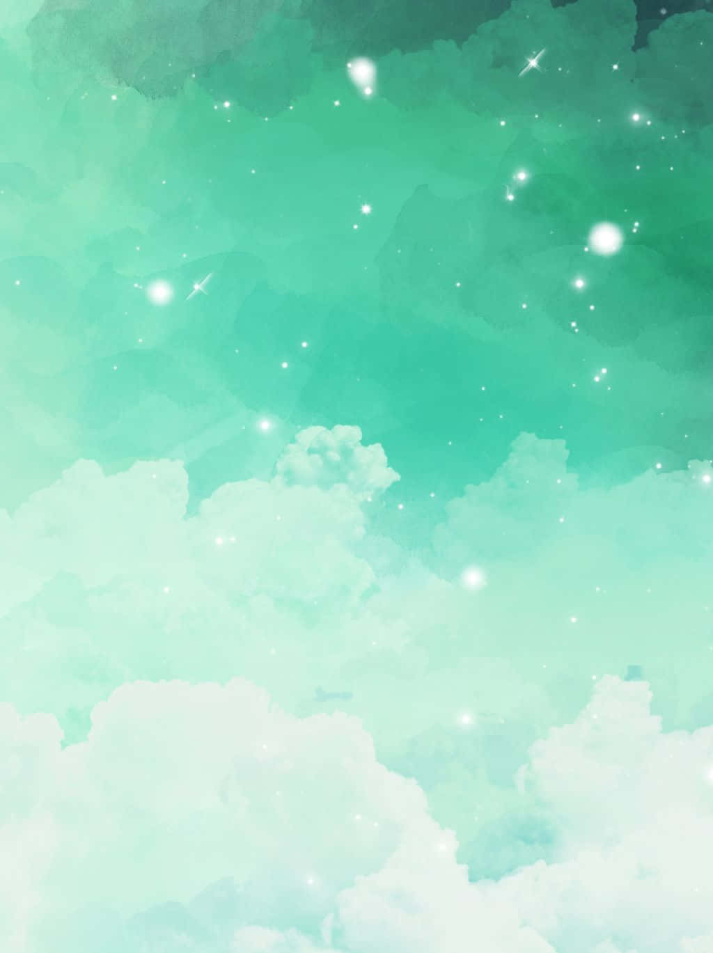 美學 桌布 壁紙 — 柔和薄荷綠水彩天空，帶有蓬鬆雲朵和閃爍星星，溫柔發光。