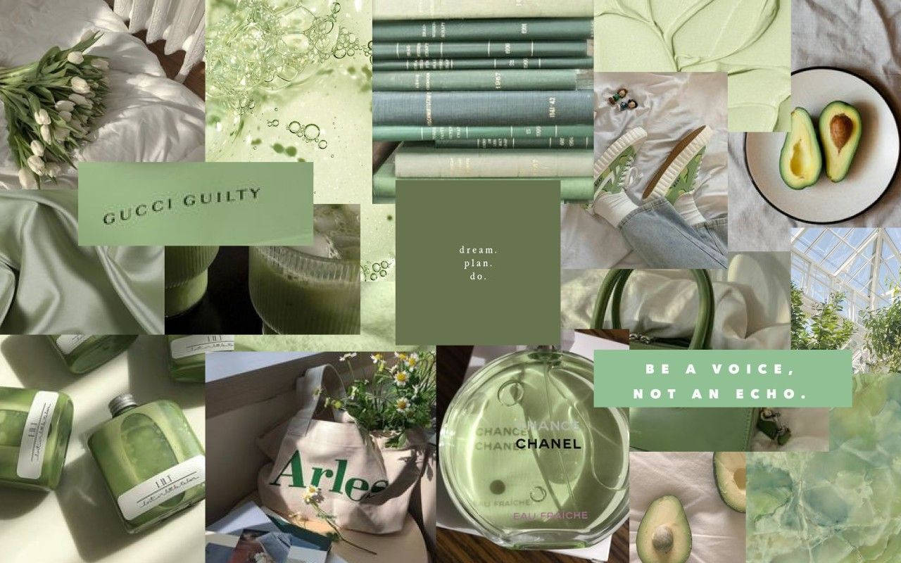 Pastel Green Aesthetic Laptop 桌布 壁紙 — 柔和薄荷綠色拼貼畫，包含酪梨半個、香水瓶、書籍和花卉佈置，呈現寧靜美學。