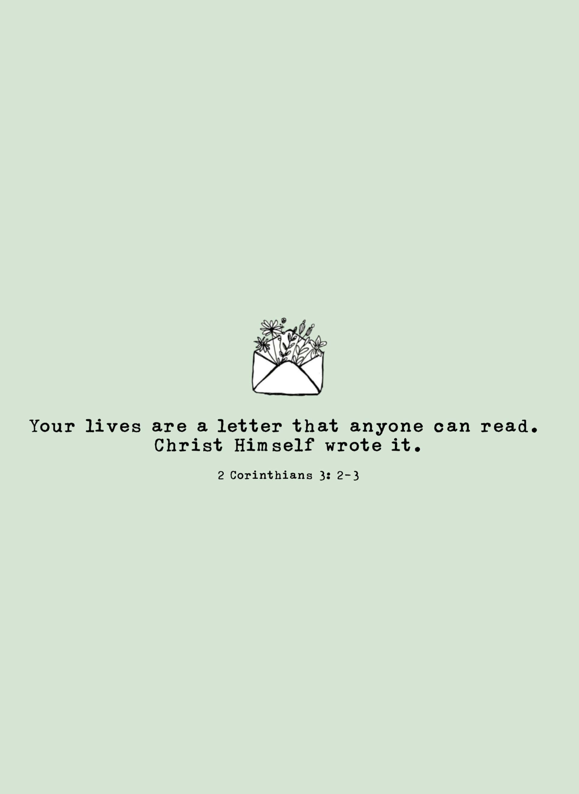 Minimalist Bible 桌布 壁紙 — 柔和薄荷綠色背景上，一個打開的信封溢出鮮花，置於聖經引文上方的極簡插圖。