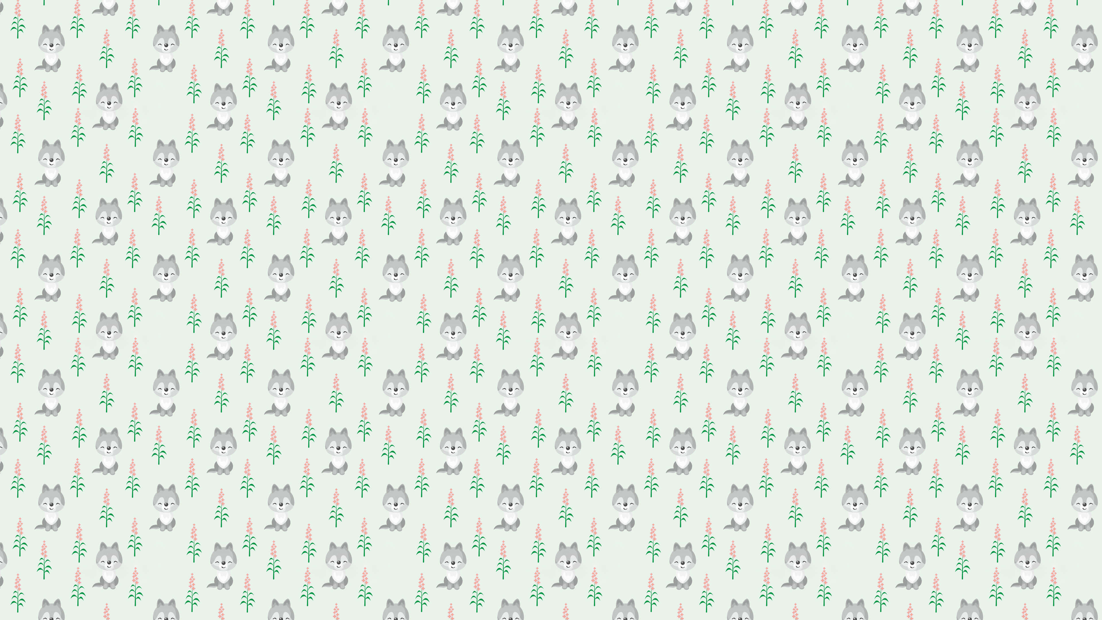 Wolf Pattern 桌布 壁紙 — 柔和薄荷色背景上重複的可愛灰色狐狸和粉綠色植物圖案。