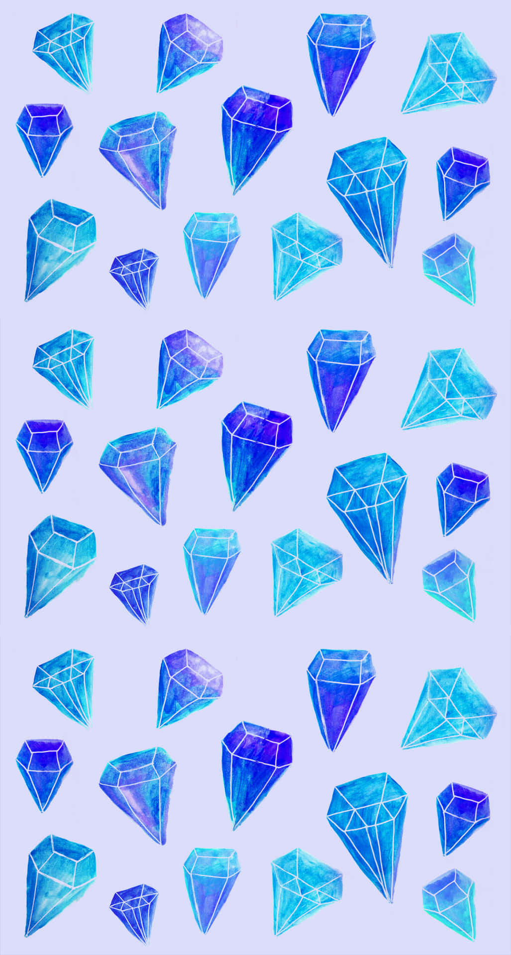 Diamond Aesthetic 桌布 壁紙 — 柔和薰衣草背景上散落藍色和紫色寶石的水彩圖案。