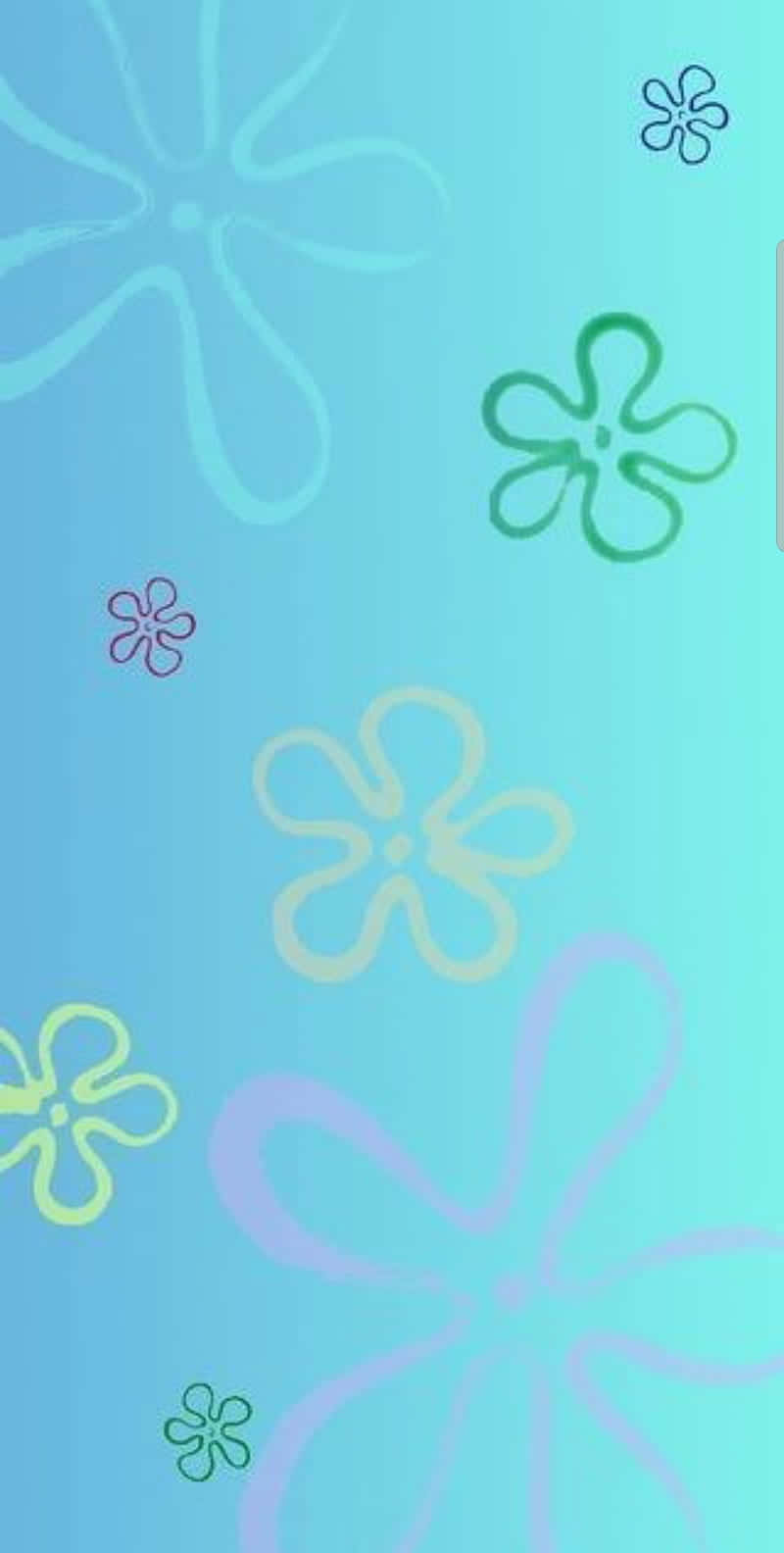 Spongebob Flower 桌布 壁紙 — 柔和藍、綠、黃、紫色調的風格化卡通花朵，搭配粉彩漸變背景。