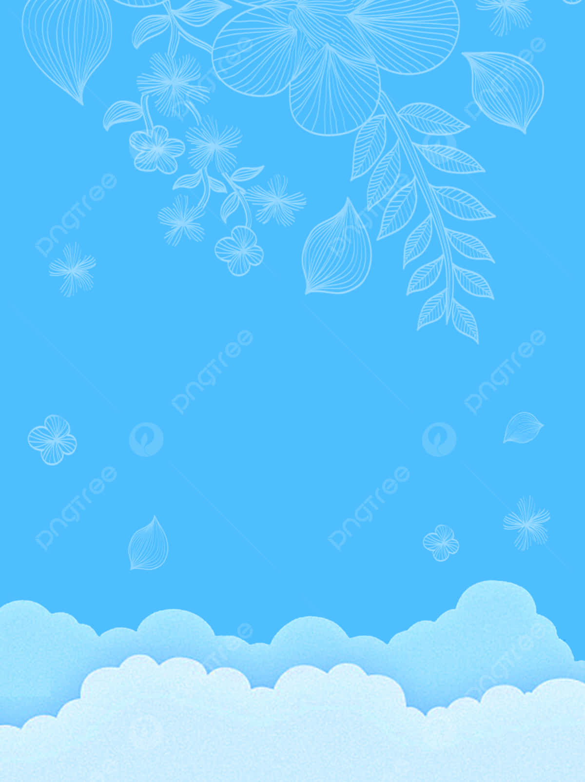 Minimalist Blue 桌布 壁紙 — 柔和藍天，底部有白色線條花卉枝葉和雲朵，營造寧靜的春天背景。
