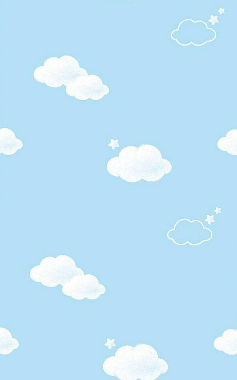 Aesthetic Baby Blue 桌布 壁紙 — 柔和藍天點綴著 fluffy 白雲和 tiny 星星的極簡數位插圖。