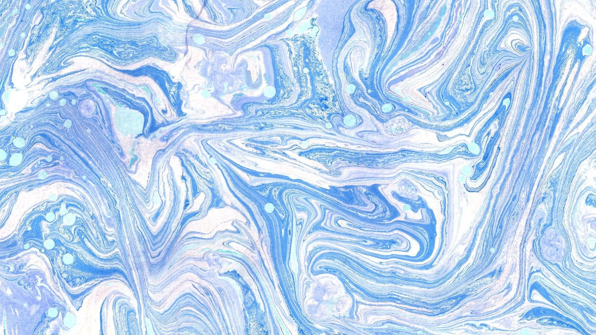 Blue Desktop 桌布 壁紙 — 柔和藍白交織的漩渦抽象圖案，帶有細膩的大理石紋理和散落的淺青色圓點。