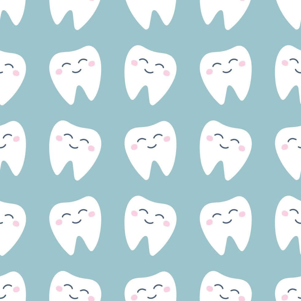 Tooth 桌布 壁紙 — 柔和藍色背景上，帶有玫瑰色臉頰的微笑卡通牙齒的歡樂圖案。