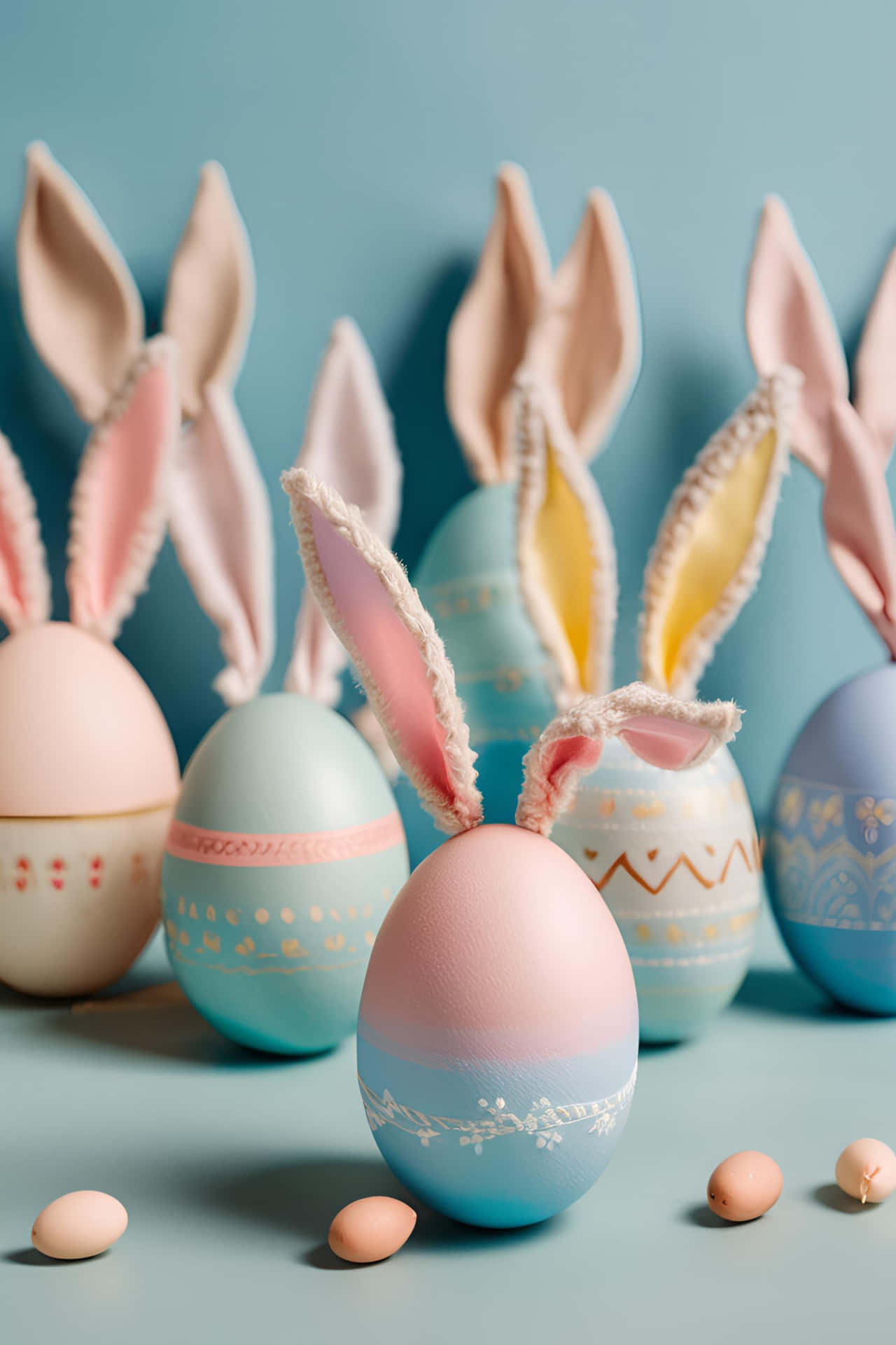 Vertical arrangement of pastel-colored Easter eggs and cute bunny ears on a soft blue background. 壁紙 — 柔和藍色表面上擺放著帶有兔耳朵和精緻圖案的粉彩復活蛋。