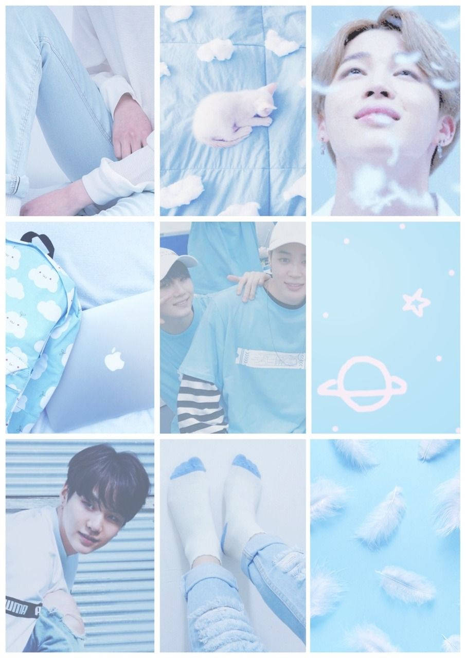 Aesthetic Baby Blue 桌布 壁紙 — 柔和藍色調的拼貼畫， featuring 年輕男子、睡貓、雲朵、羽毛和太空圖案，營造夢幻美學。