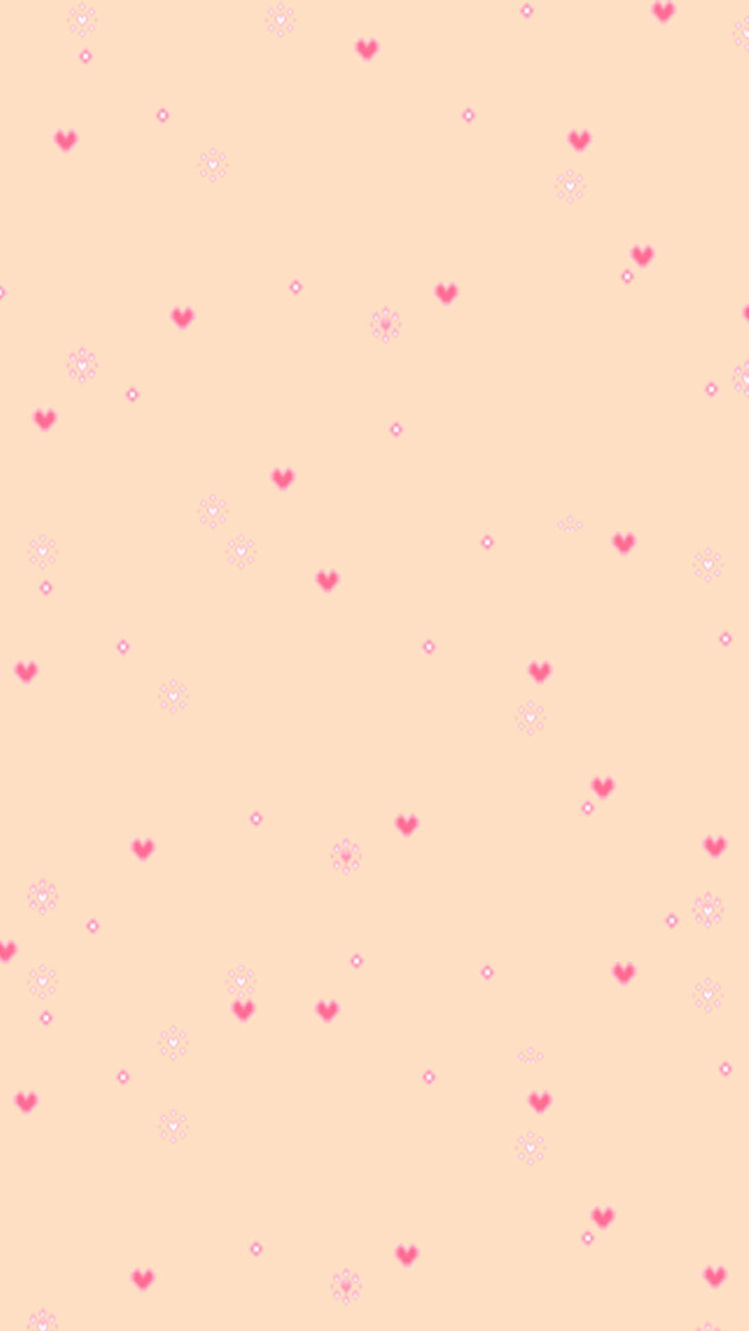 Pastel Peach Aesthetic 桌布 壁紙 — 柔和蜜桃底色，散落著細小粉紅心形和精緻白色花卉點綴。
