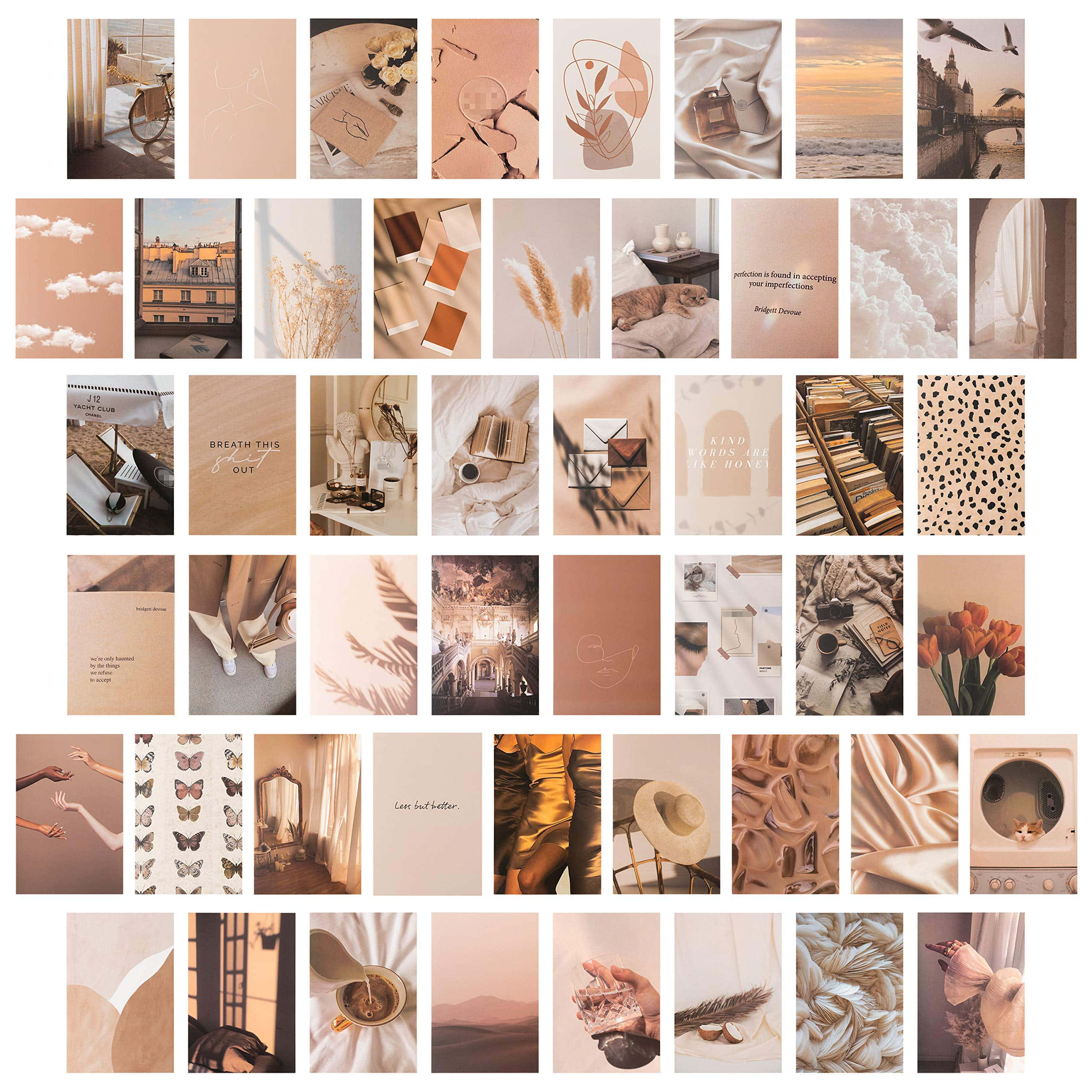 Wall Collage 桌布 壁紙 — 柔和蜜桃色和米色美學圖片的拼貼，以溫暖色調呈現室內設計、自然語錄和極簡物品。