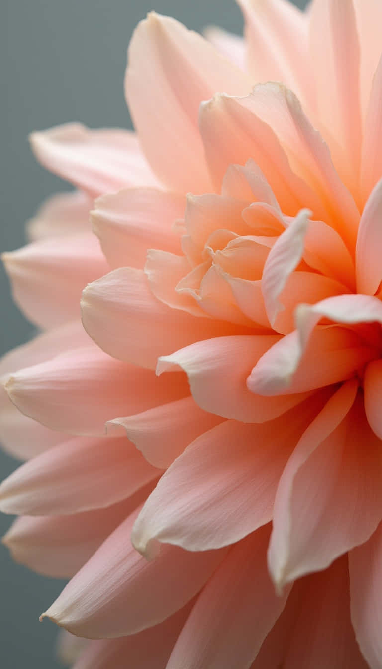 Flower 壁紙 — 柔和蜜桃色大理花的特寫，層層疊疊的花瓣襯托著柔和的灰色背景。