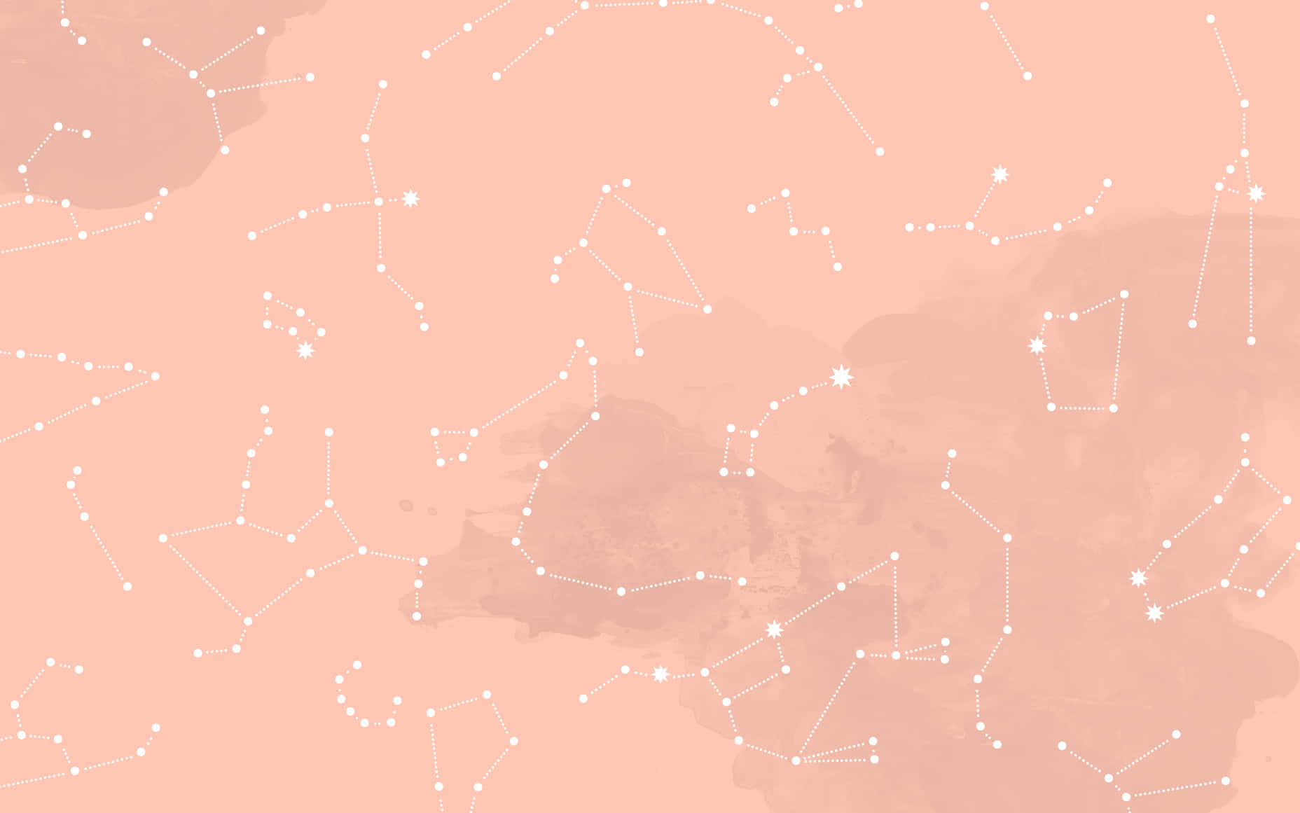 Rose Gold Desktop 桌布 壁紙 — 柔和蜜桃色背景，白色點狀星座漂浮在微妙的世界地圖輪廓上。