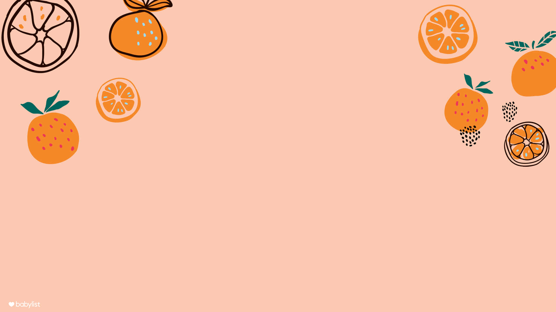 oranges 桌布 壁紙 — 柔和蜜桃色背景，點綴著有趣的橙色水果插圖，包括完整的柳橙、切片和黑莓。