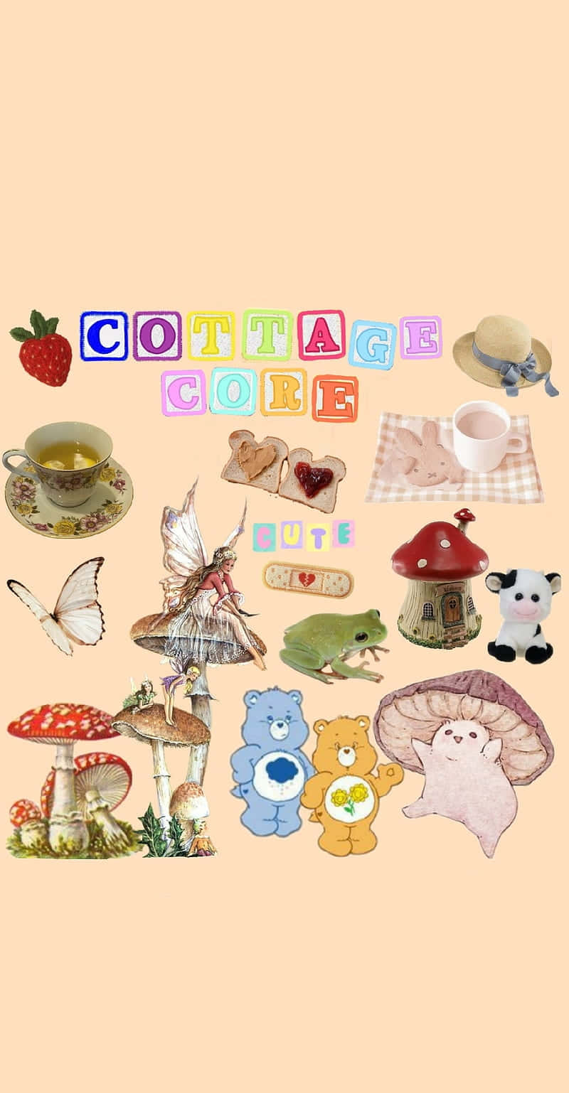 Cottagecore Phone 桌布 壁紙 — 柔和蜜桃色背景上，以粉彩色調拼貼田園風物品，包括蘑菇、茶杯、仙女和Care Bears。