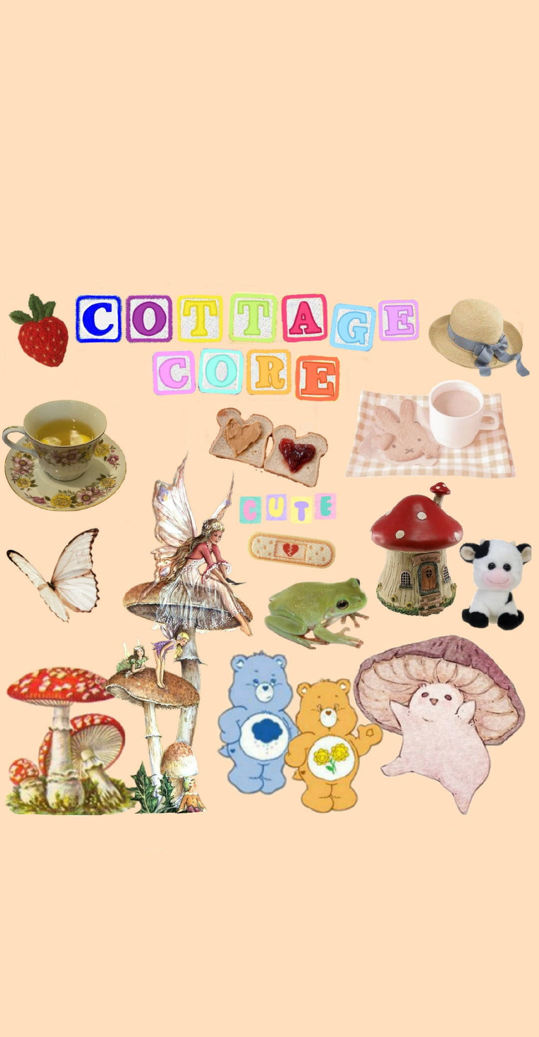 Cottagecore Desktop 桌布 壁紙 — 柔和蜜桃色背景上排列著蘑菇、茶杯、仙女和毛絨熊等田園風物品的粉彩拼貼畫。