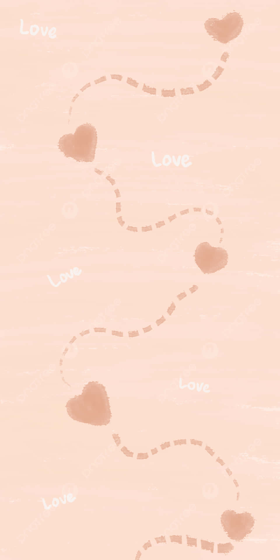 柔和蜜桃色背景上有一條虛線路徑連接心形和「love」字樣。