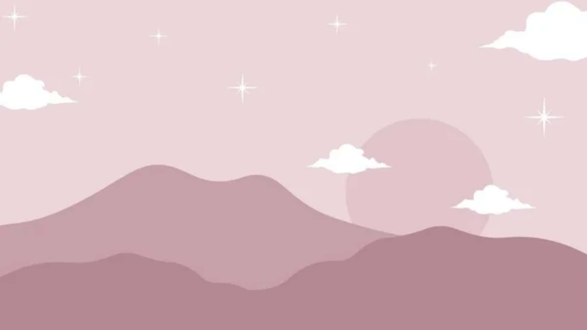 pastel 桌布 壁紙 — 柔和雲朵與閃耀太陽下星空中的粉彩粉紅山脈。