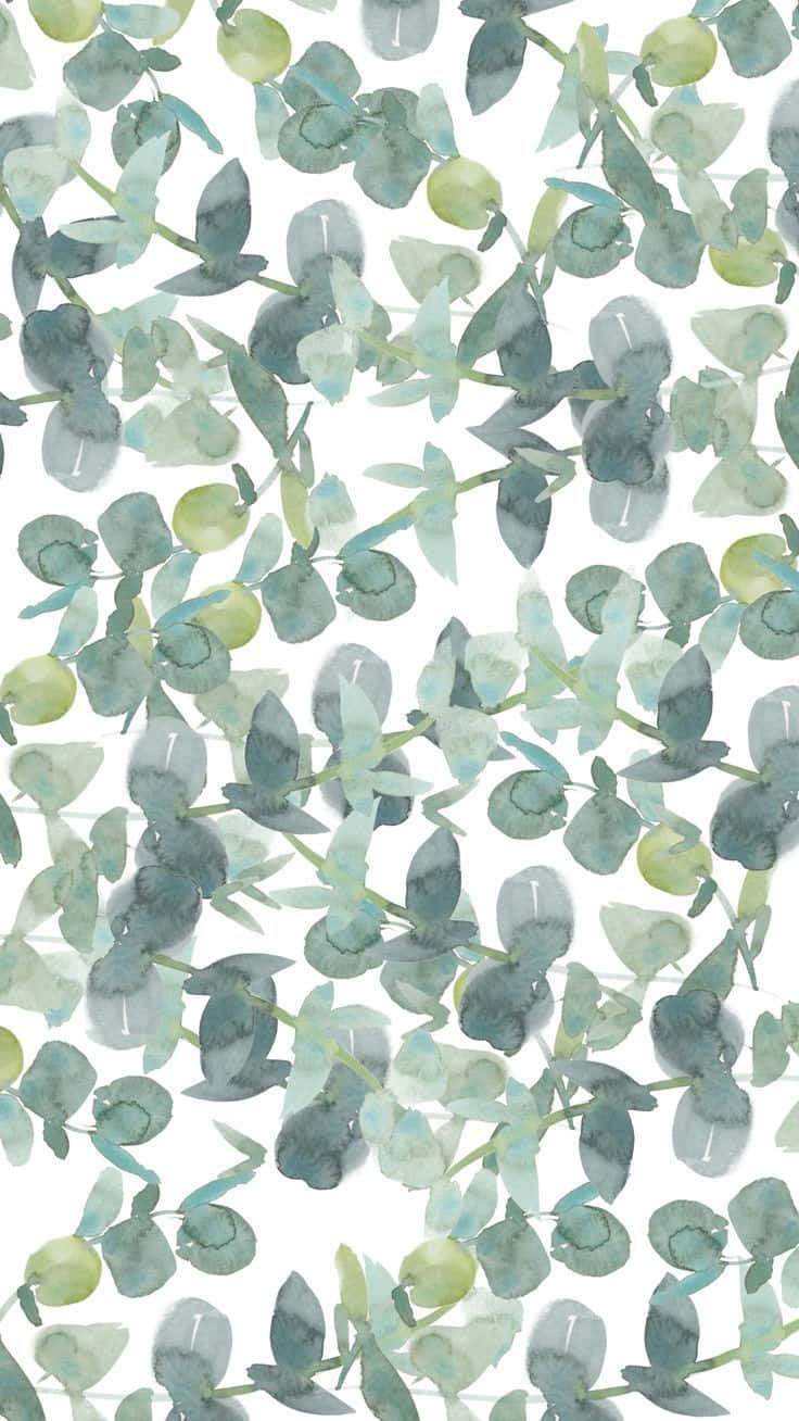 artwork 桌布 壁紙 — 柔和青綠色和鼠尾草綠的水彩桉樹葉在明亮的白色背景上飄動。