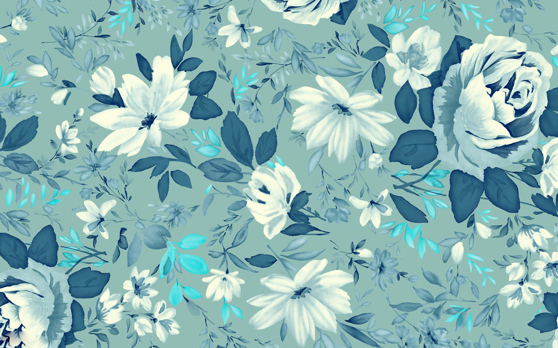 Floral Pattern 桌布 壁紙 — 柔和青綠色背景上，帶有玫瑰和葉片的精緻藍白花卉圖案。