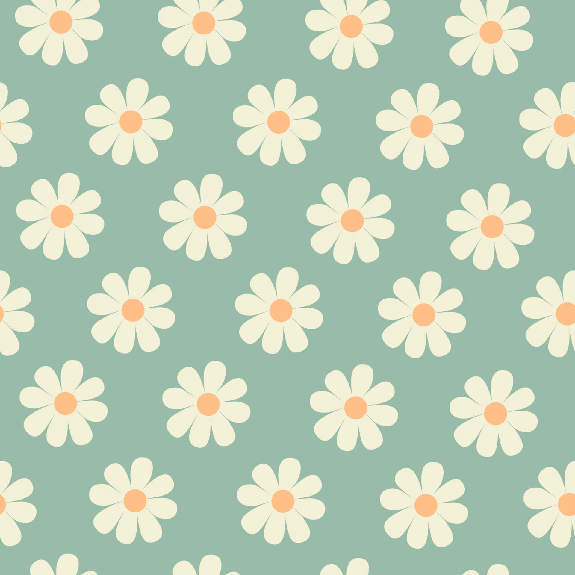Daisy 桌布 壁紙 — 柔和青綠色背景上帶有蜜桃色花心的奶油色雛菊復古圖案。