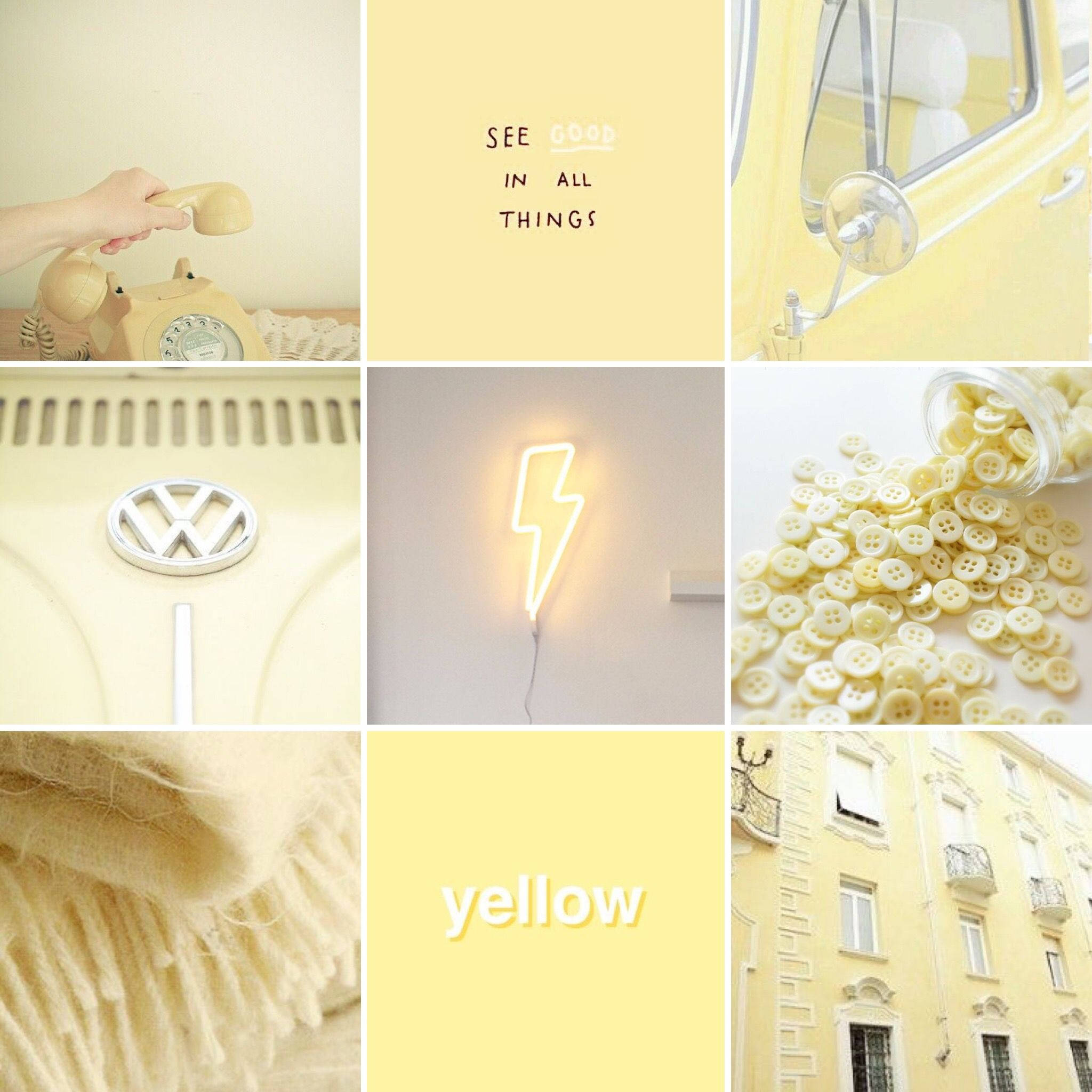 Pastel Yellow Aesthetic 桌布 壁紙 — 柔和黃色主題拼貼畫， featuring 復古電話、VW汽車、霓虹閃電、鈕扣、圍巾和建築物。