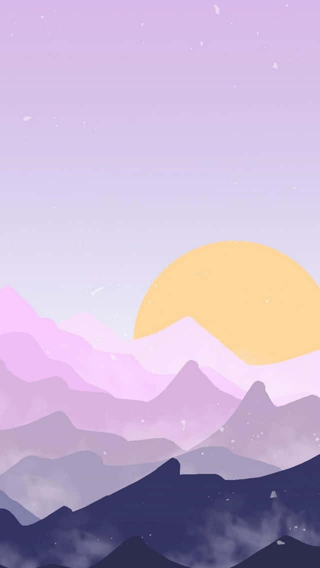 640x1136 桌布 壁紙 — 柔和黃色太陽下的粉紫色山脈，寧靜的數位景觀。
