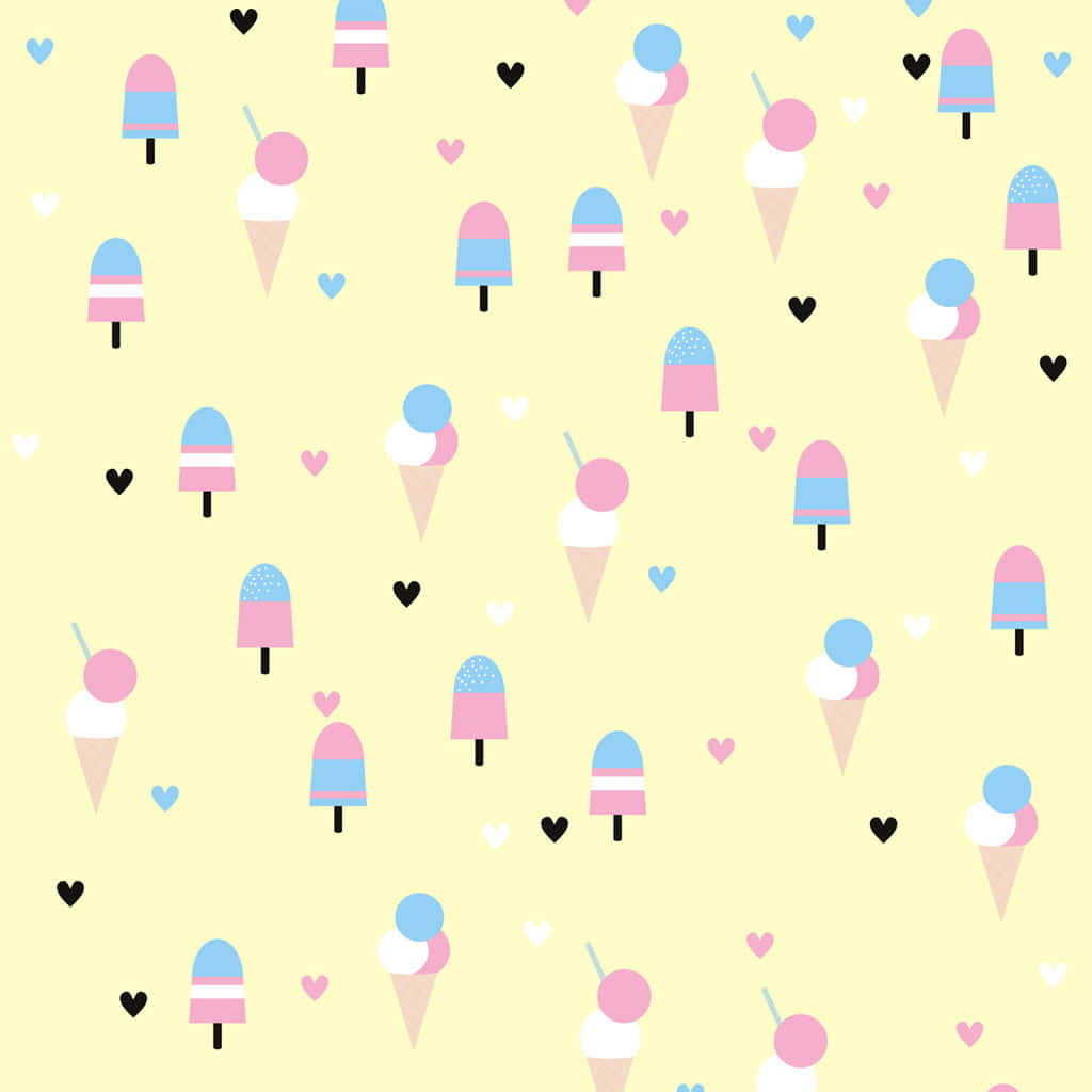 Pastel Yellow Aesthetic 桌布 壁紙 — 柔和黃色背景上，粉彩色的冰淇淋甜筒和冰棒在散落的心形圖案間漂浮。