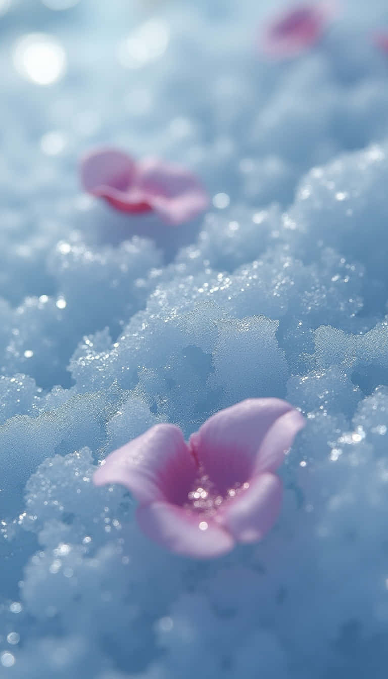 Flower 壁紙 — 柔嫩的粉紅色花瓣在閃閃發光的藍色雪地上，呈現柔和陽光下的特寫。
