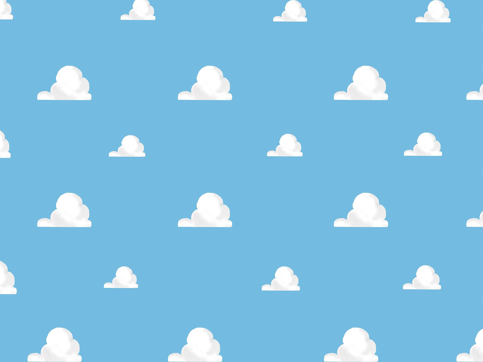 Toy Story Cloud 桌布 壁紙 — 柔軟白色卡通雲的重複圖案漂浮在平靜的淺藍色天空中。