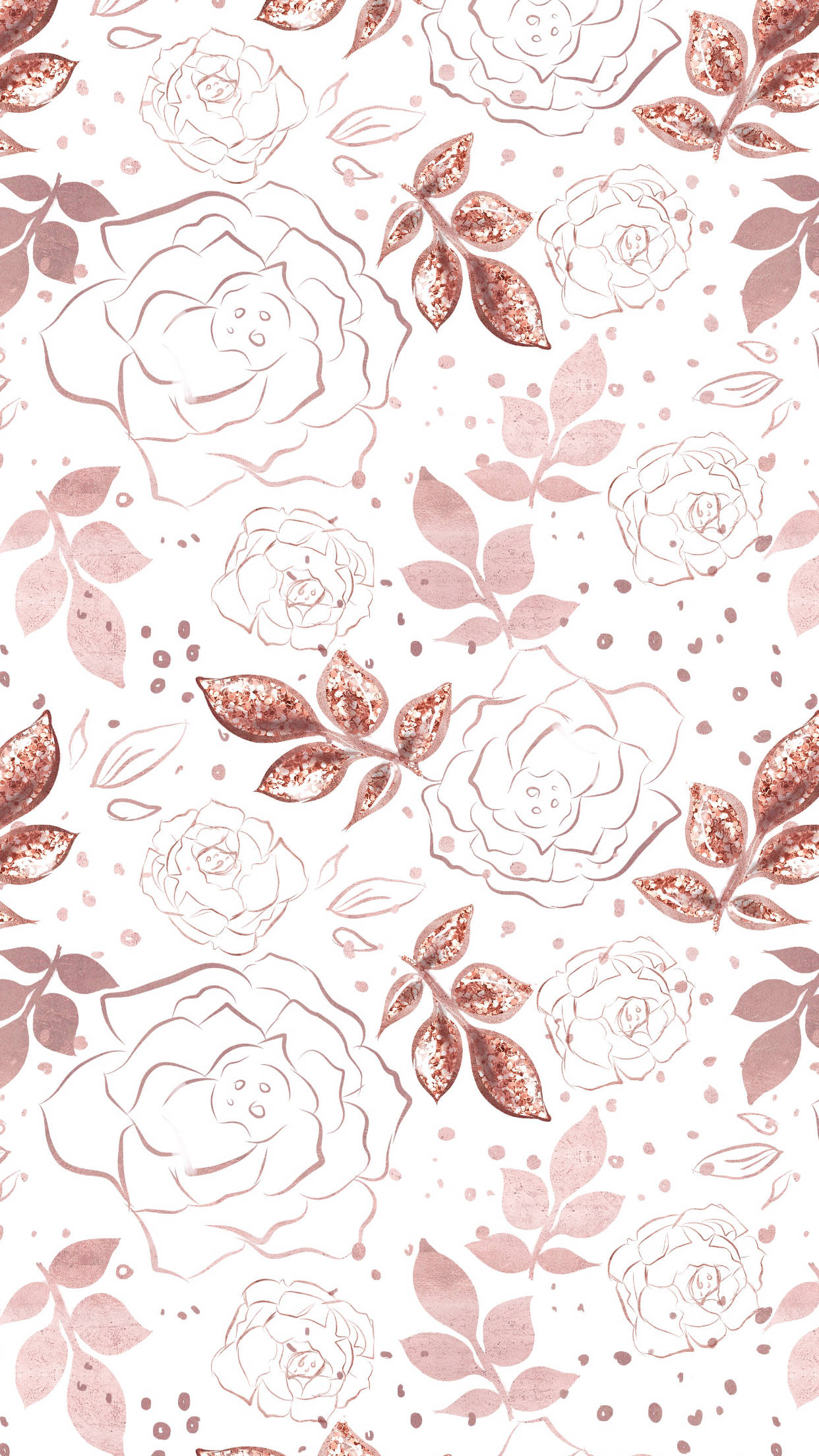Roses 桌布 壁紙 — 柔軟白色背景上，以玫瑰金和淡粉紅色勾勒出玫瑰和葉子的精緻壁紙圖案。