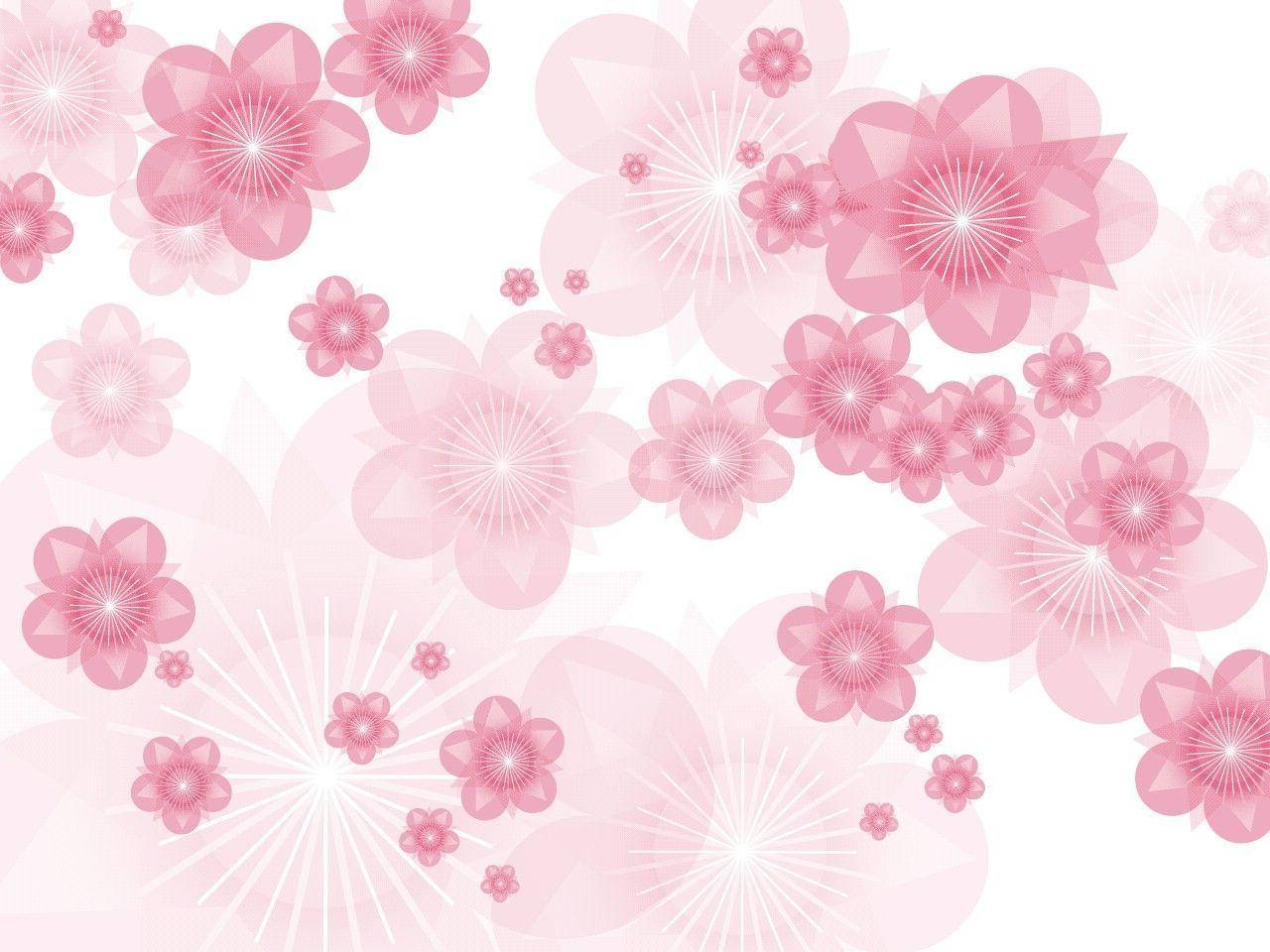 Pink Flower 桌布 壁紙 — 柔軟白色背景上漂浮著帶有放射狀星爆中心的粉紅色幾何花朵精緻圖案。