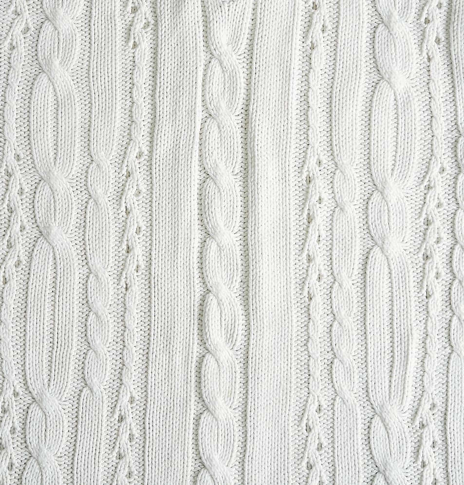 clothing 桌布 壁紙 — 柔軟白色電纜針織布料的特寫，帶有複雜的扭紋圖案和紋理垂直條紋。