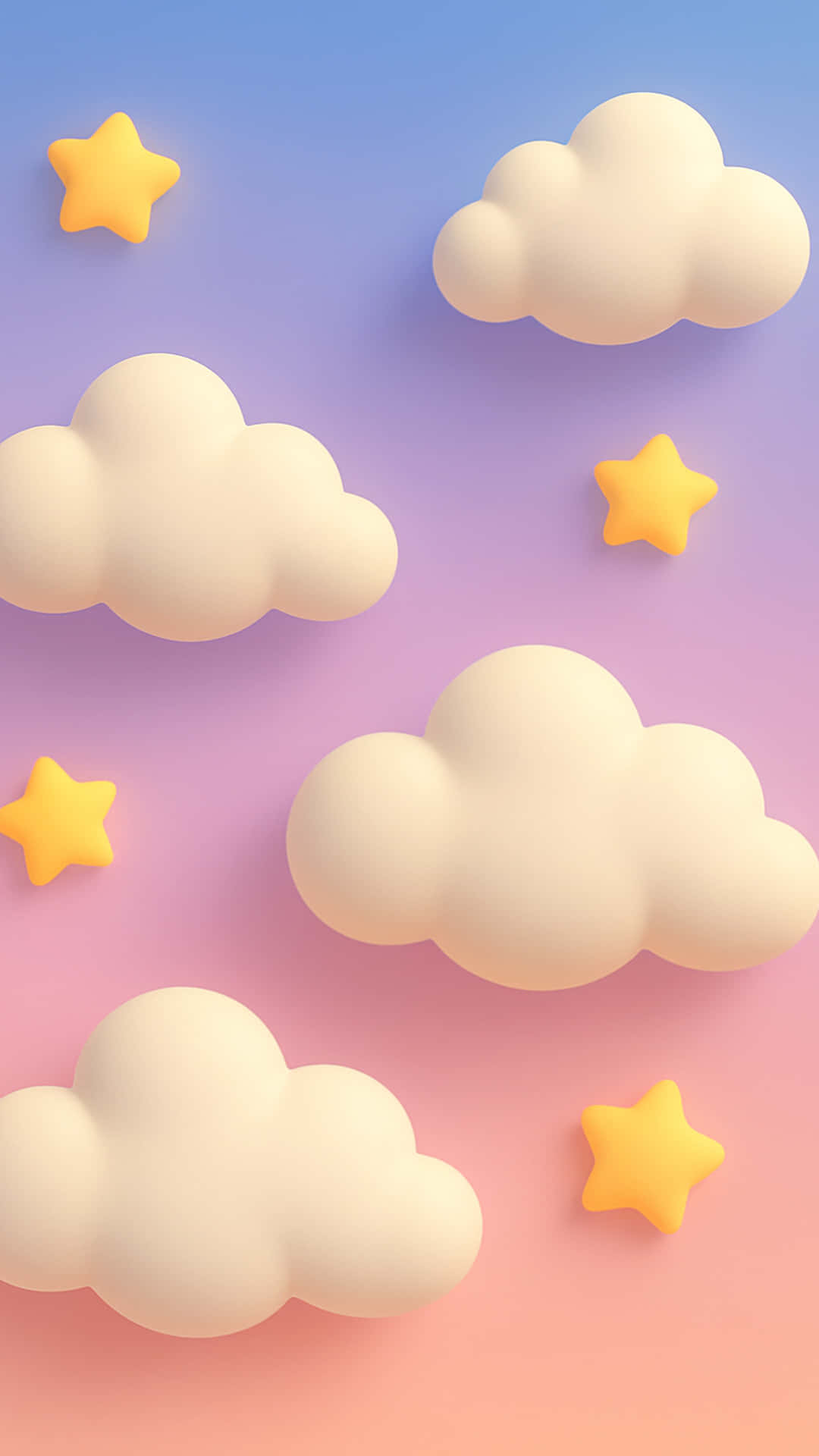 雲朵 桌布 壁紙 — 柔軟的3D雲朵和黃色星星漂浮在從藍色漸變到粉紅色的柔和漸變天空上。