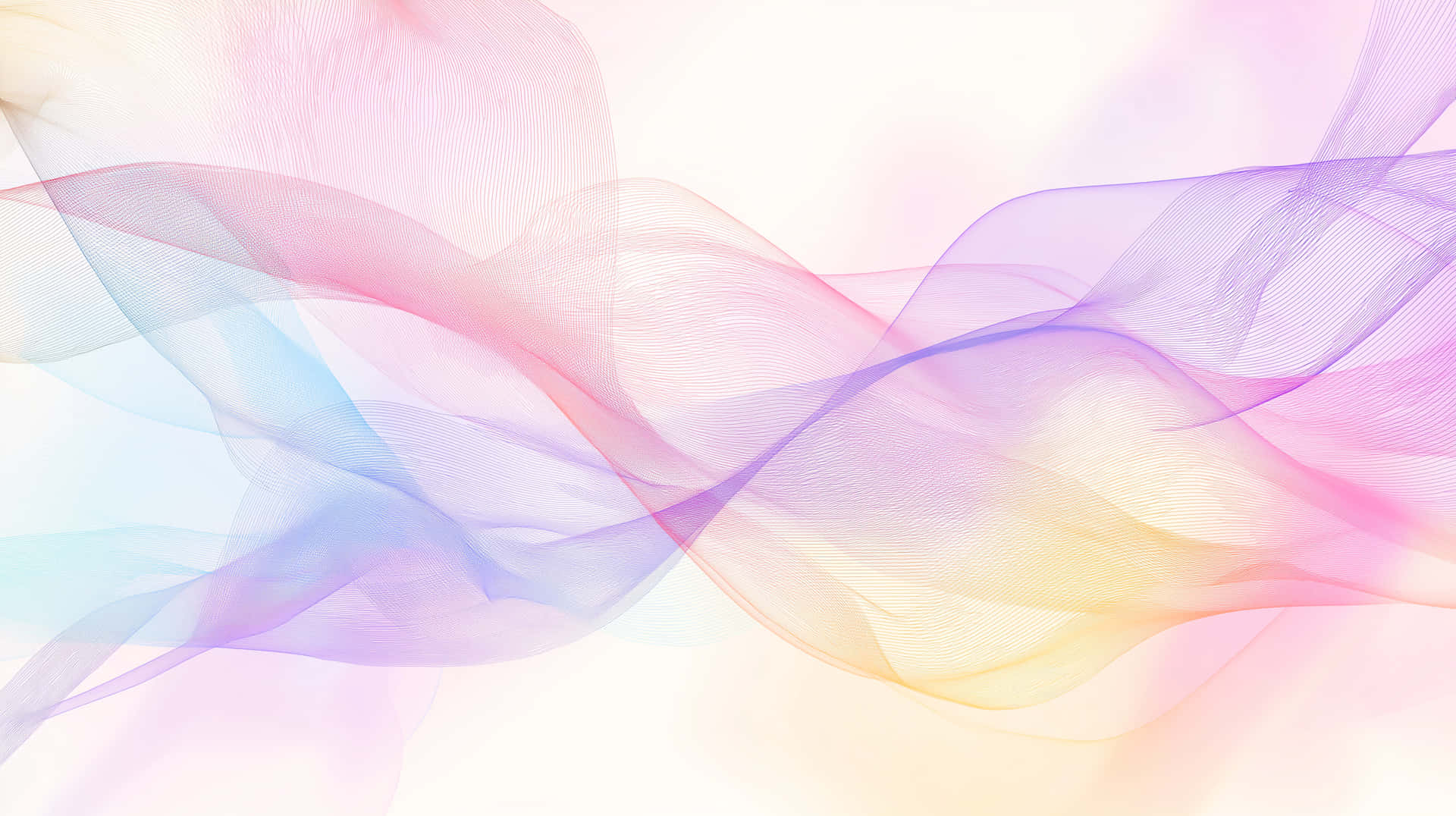 Flowing Ethereal Ribbons in a Gentle Abstract Motion 壁紙 — 柔軟的半透明絲帶，以粉紅、藍、紫、黃等柔和色調，優雅地飄揚在明亮的白色背景上。